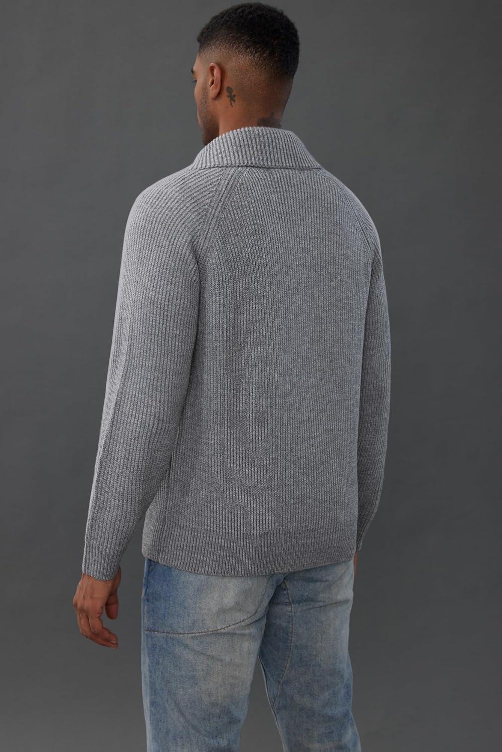 imagePJ PAUL JONES Mens Full Zip Cardigan Sweaters Unisex Relax Fit Lapel Collar Raglan Sleeve Casual Ribbed SweaterLight Grey