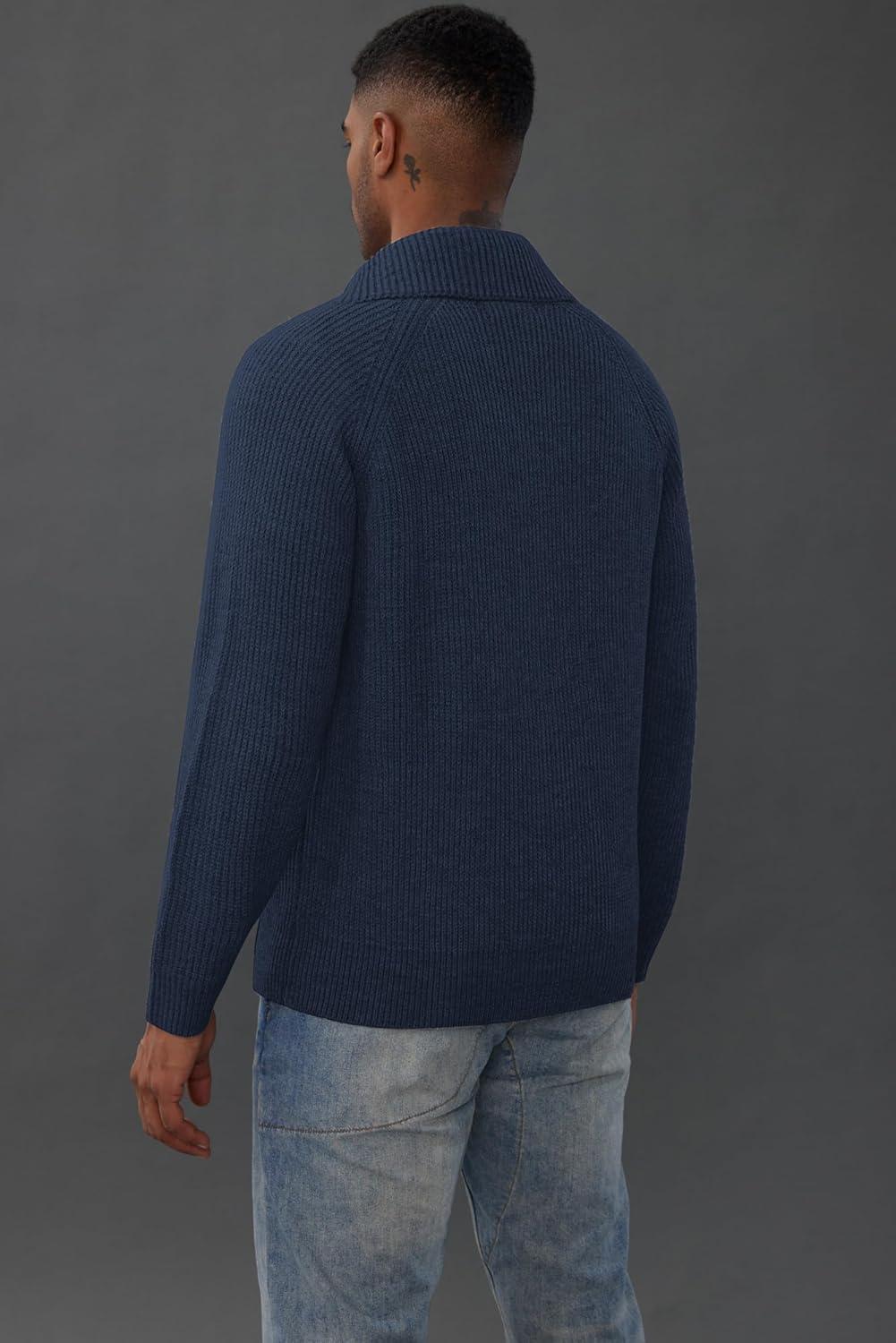 imagePJ PAUL JONES Mens Full Zip Cardigan Sweaters Unisex Relax Fit Lapel Collar Raglan Sleeve Casual Ribbed SweaterNavy