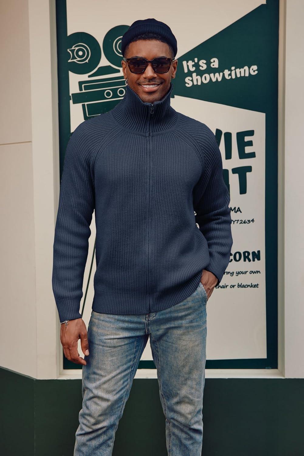 imagePJ PAUL JONES Mens Full Zip Cardigan Sweaters Unisex Relax Fit Lapel Collar Raglan Sleeve Casual Ribbed SweaterNavy