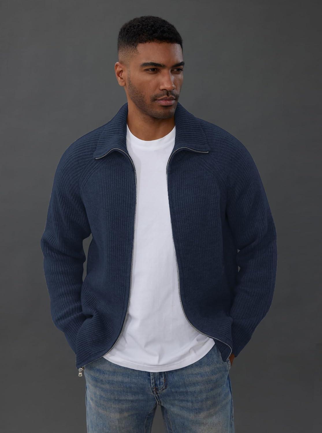 imagePJ PAUL JONES Mens Full Zip Cardigan Sweaters Unisex Relax Fit Lapel Collar Raglan Sleeve Casual Ribbed SweaterNavy