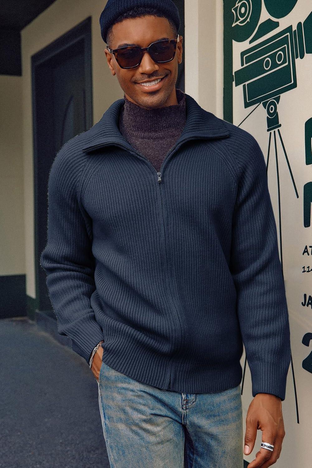 imagePJ PAUL JONES Mens Full Zip Cardigan Sweaters Unisex Relax Fit Lapel Collar Raglan Sleeve Casual Ribbed SweaterNavy