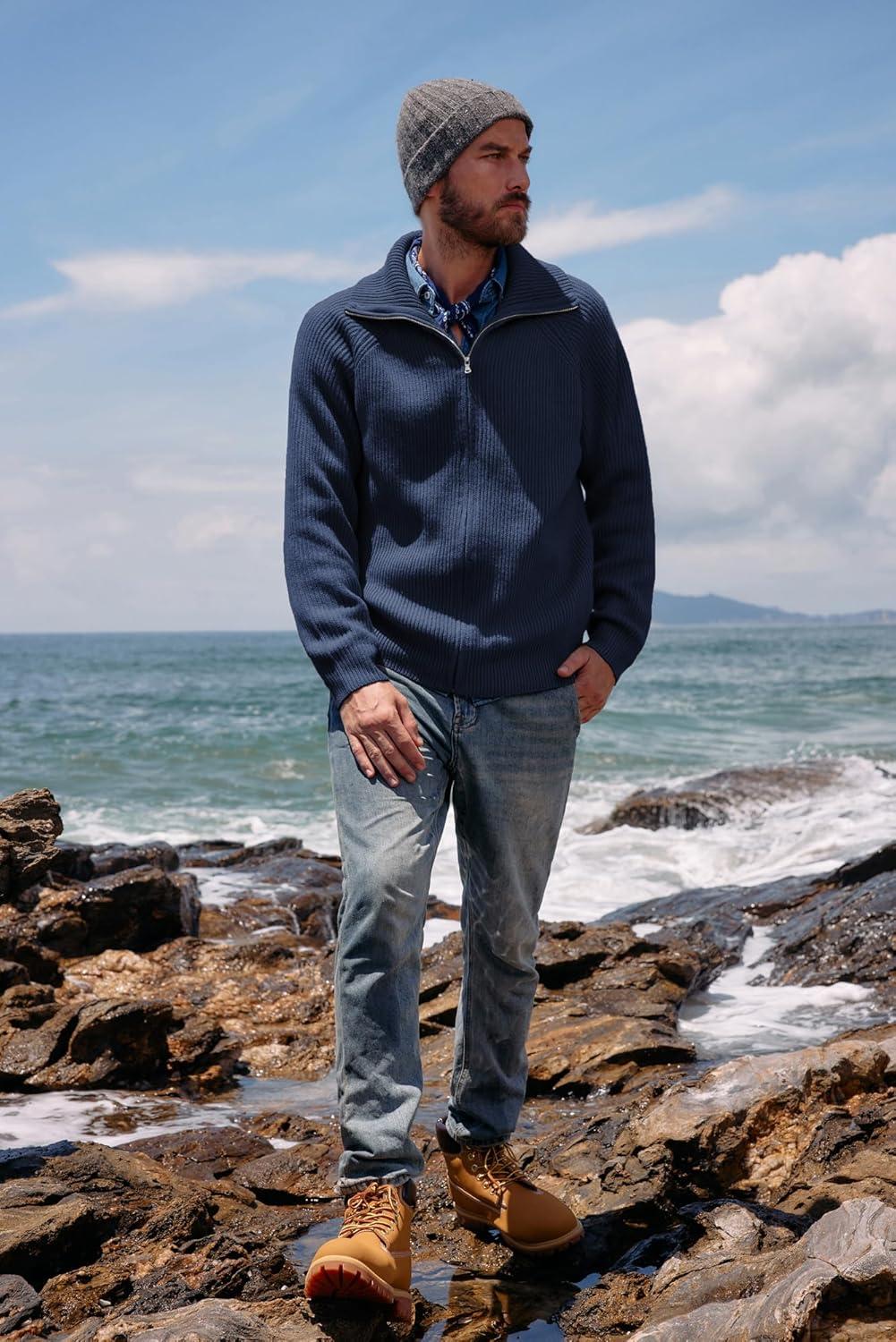 imagePJ PAUL JONES Mens Full Zip Cardigan Sweaters Unisex Relax Fit Lapel Collar Raglan Sleeve Casual Ribbed SweaterNavy