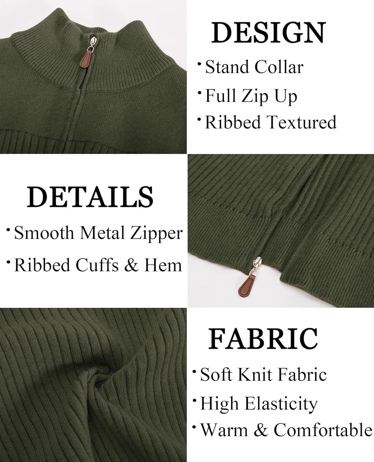 imagePJ PAUL JONES Mens Full Zipper Cardigan Casual Stand Collar Cardigan Sweater Ribbed Knit Long Sleeve SweaterArmy Green