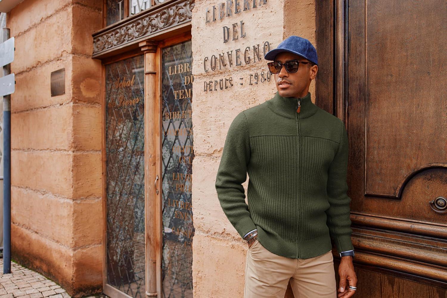 imagePJ PAUL JONES Mens Full Zipper Cardigan Casual Stand Collar Cardigan Sweater Ribbed Knit Long Sleeve SweaterArmy Green