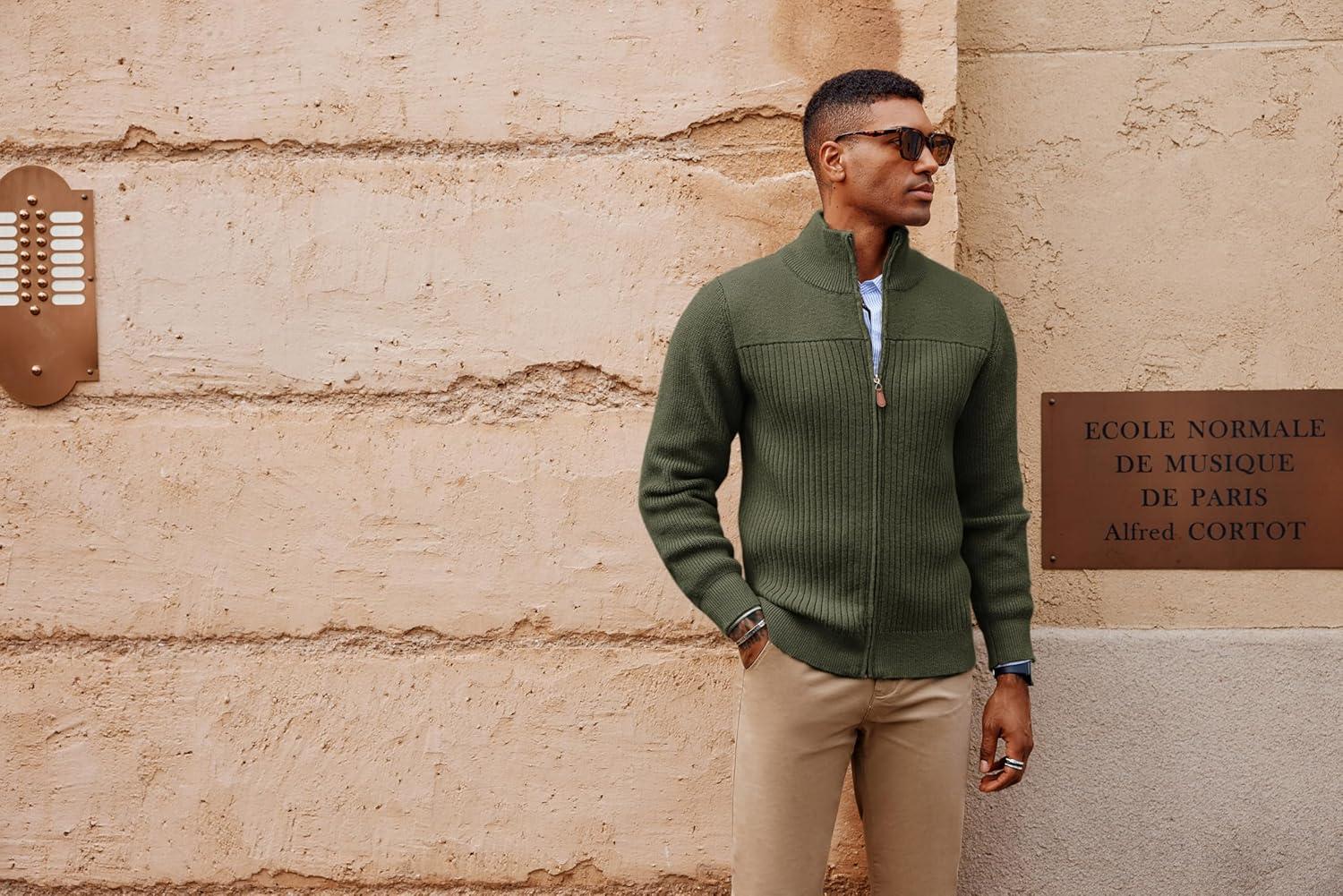 imagePJ PAUL JONES Mens Full Zipper Cardigan Casual Stand Collar Cardigan Sweater Ribbed Knit Long Sleeve SweaterArmy Green