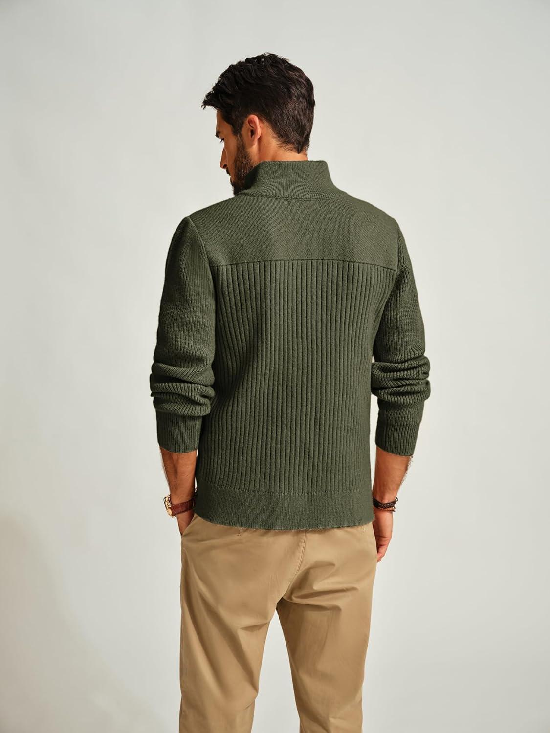 imagePJ PAUL JONES Mens Full Zipper Cardigan Casual Stand Collar Cardigan Sweater Ribbed Knit Long Sleeve SweaterArmy Green