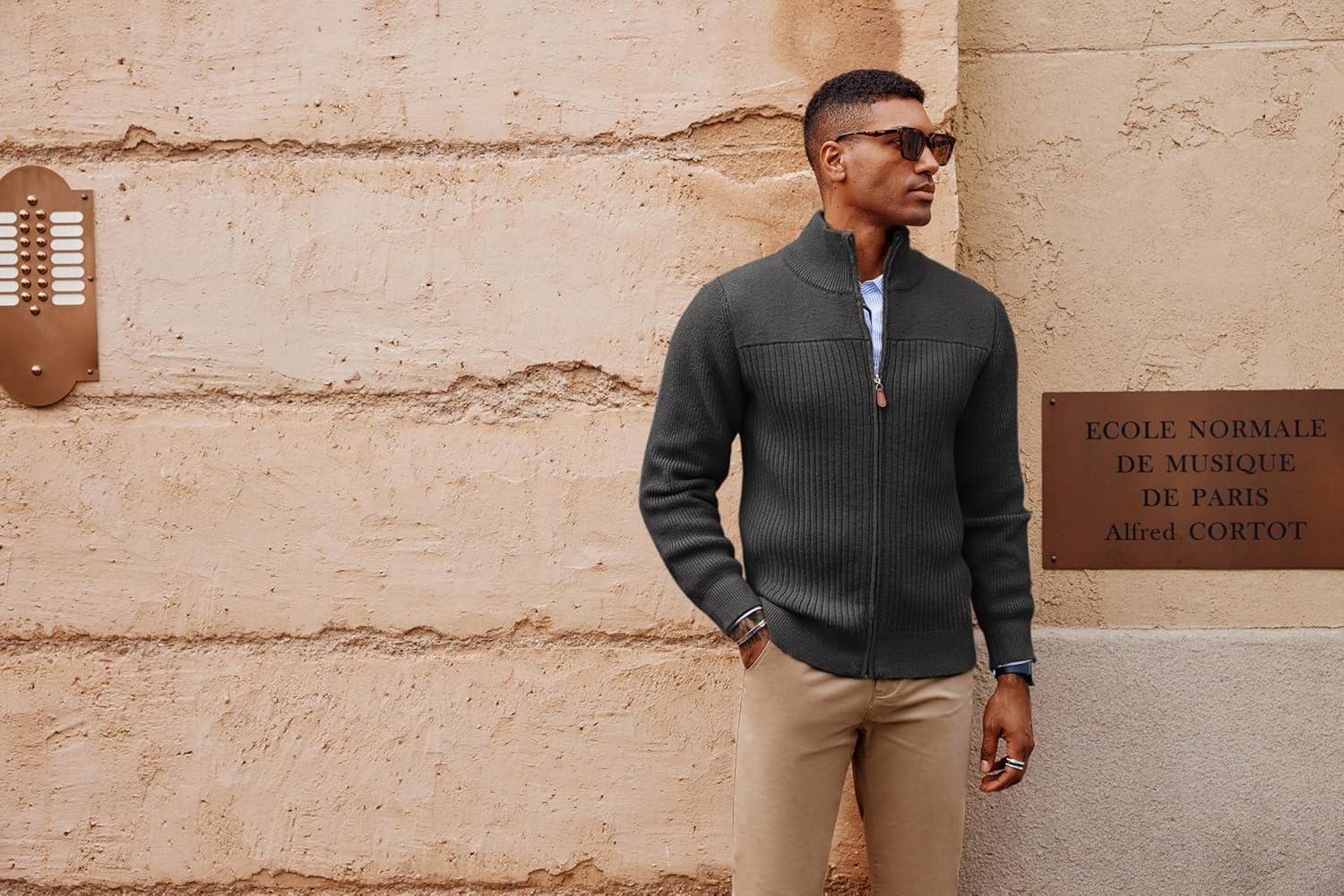 imagePJ PAUL JONES Mens Full Zipper Cardigan Casual Stand Collar Cardigan Sweater Ribbed Knit Long Sleeve SweaterDark Grey