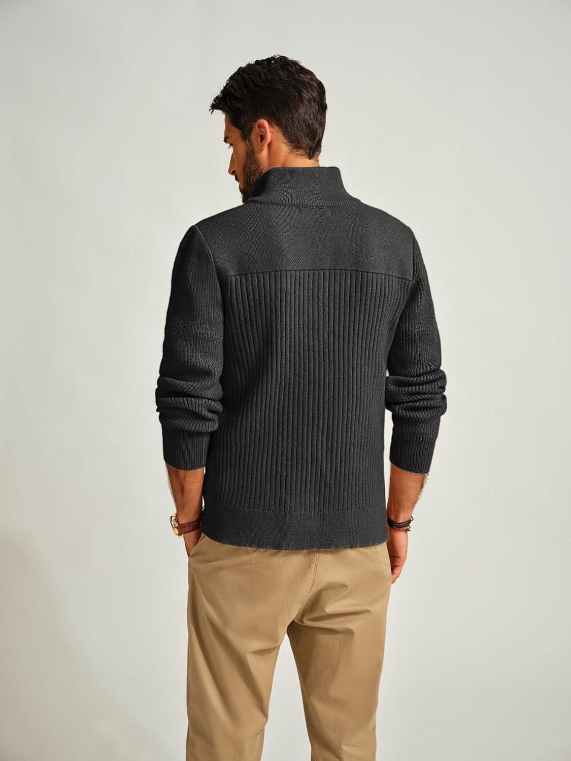 imagePJ PAUL JONES Mens Full Zipper Cardigan Casual Stand Collar Cardigan Sweater Ribbed Knit Long Sleeve SweaterDark Grey