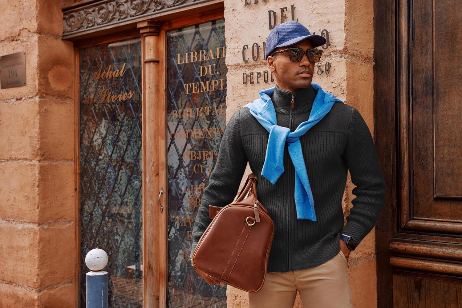 imagePJ PAUL JONES Mens Full Zipper Cardigan Casual Stand Collar Cardigan Sweater Ribbed Knit Long Sleeve SweaterDark Grey