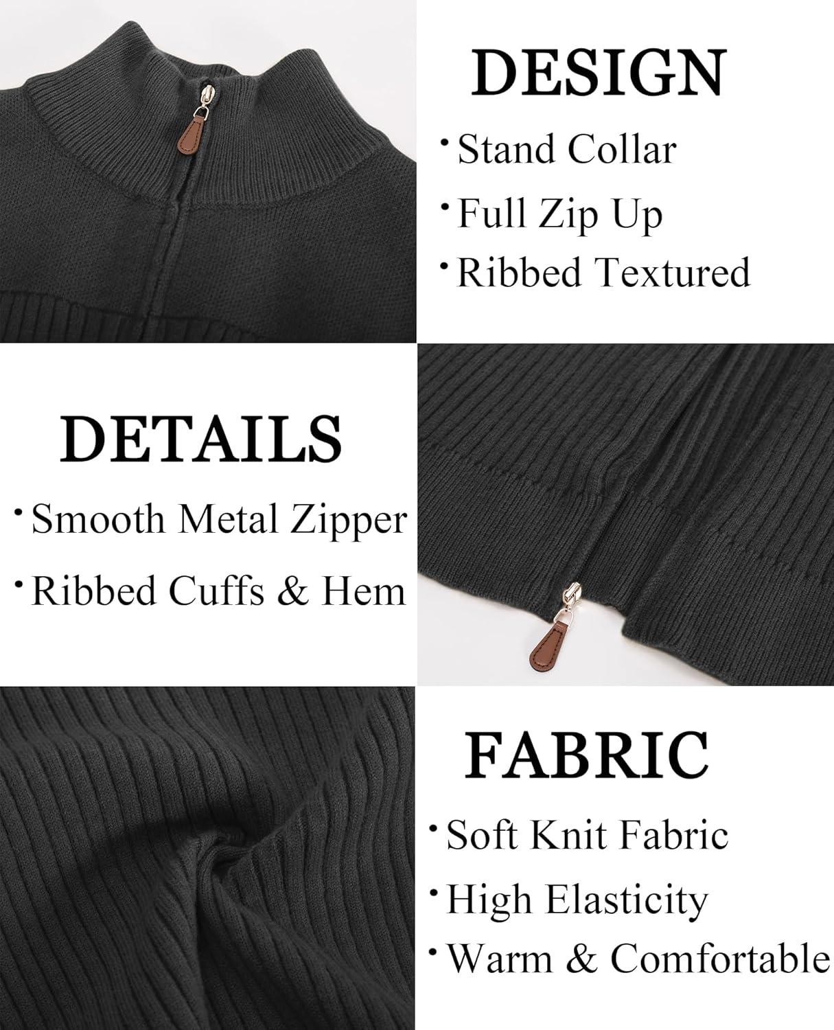 imagePJ PAUL JONES Mens Full Zipper Cardigan Casual Stand Collar Cardigan Sweater Ribbed Knit Long Sleeve SweaterDark Grey