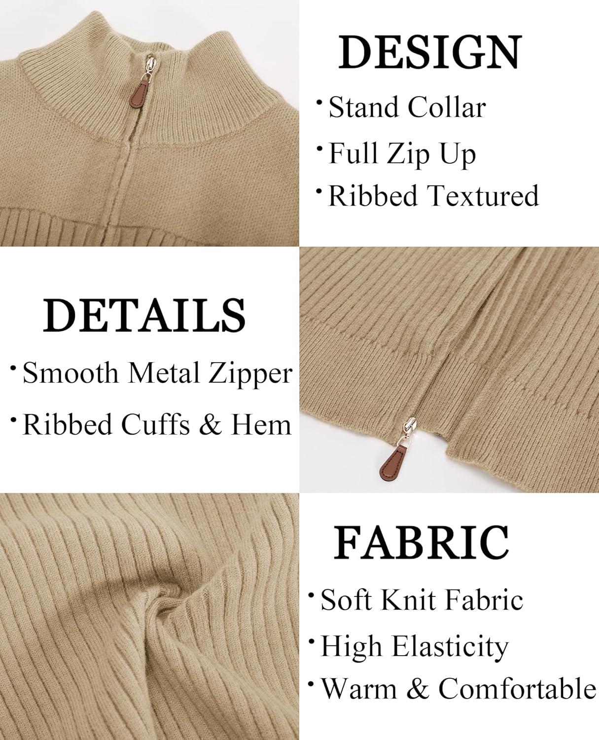 imagePJ PAUL JONES Mens Full Zipper Cardigan Casual Stand Collar Cardigan Sweater Ribbed Knit Long Sleeve SweaterKhaki