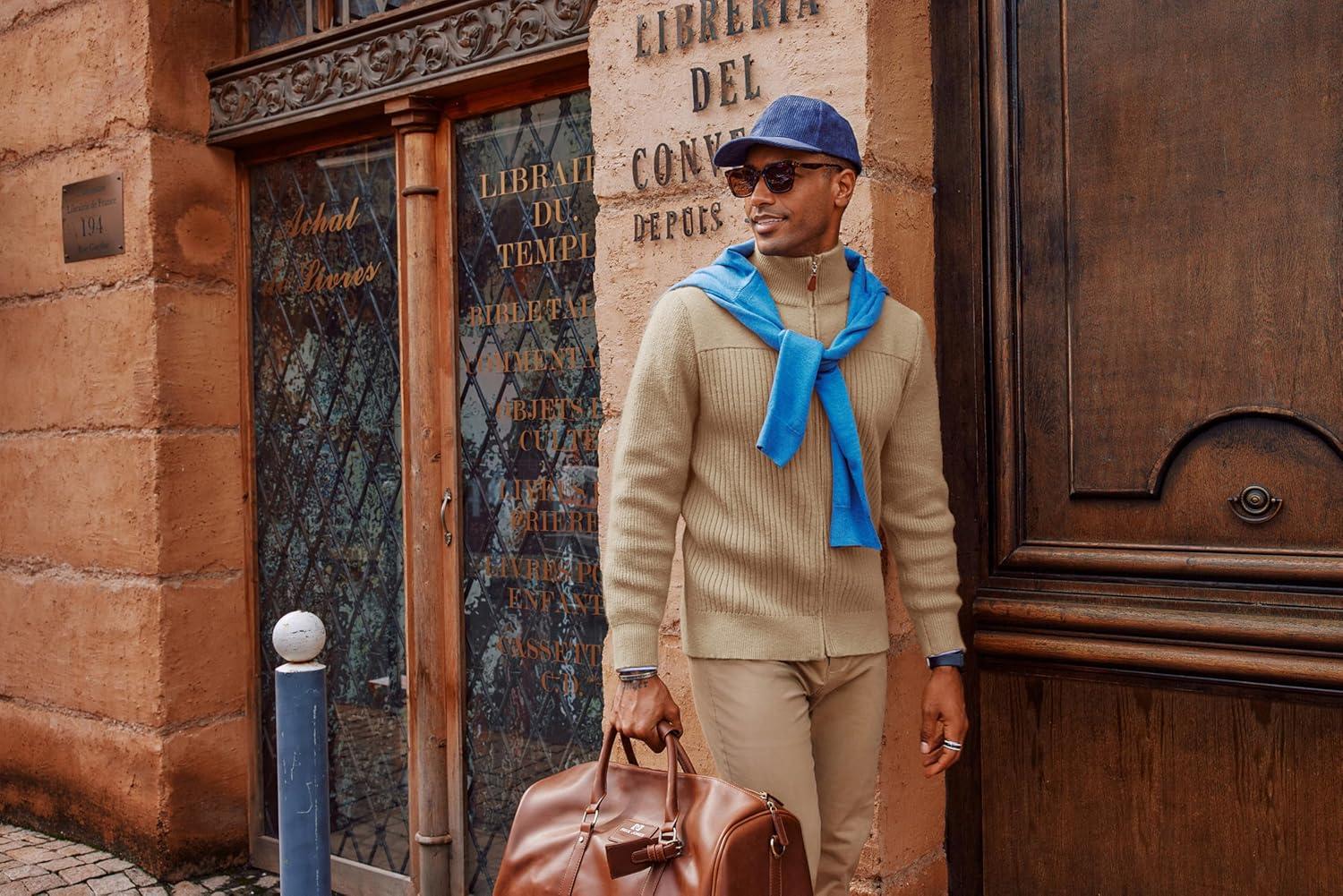 imagePJ PAUL JONES Mens Full Zipper Cardigan Casual Stand Collar Cardigan Sweater Ribbed Knit Long Sleeve SweaterKhaki