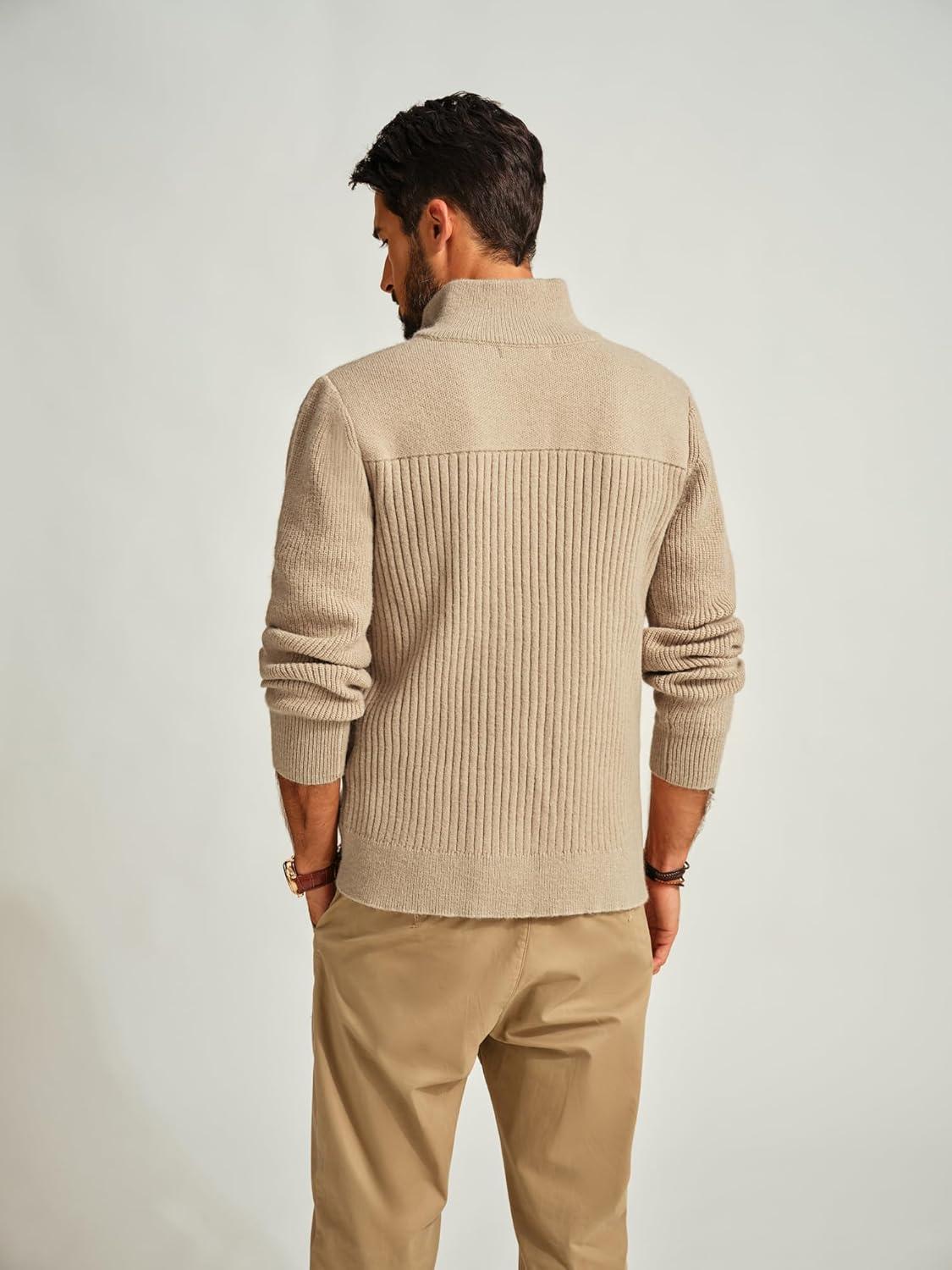 imagePJ PAUL JONES Mens Full Zipper Cardigan Casual Stand Collar Cardigan Sweater Ribbed Knit Long Sleeve SweaterKhaki