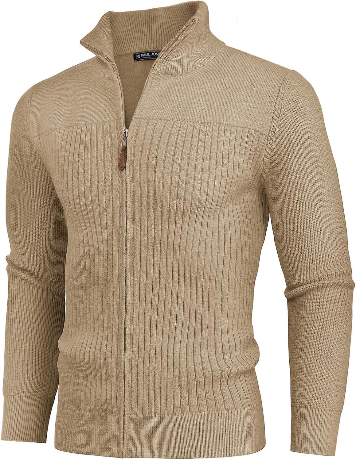 imagePJ PAUL JONES Mens Full Zipper Cardigan Casual Stand Collar Cardigan Sweater Ribbed Knit Long Sleeve SweaterKhaki