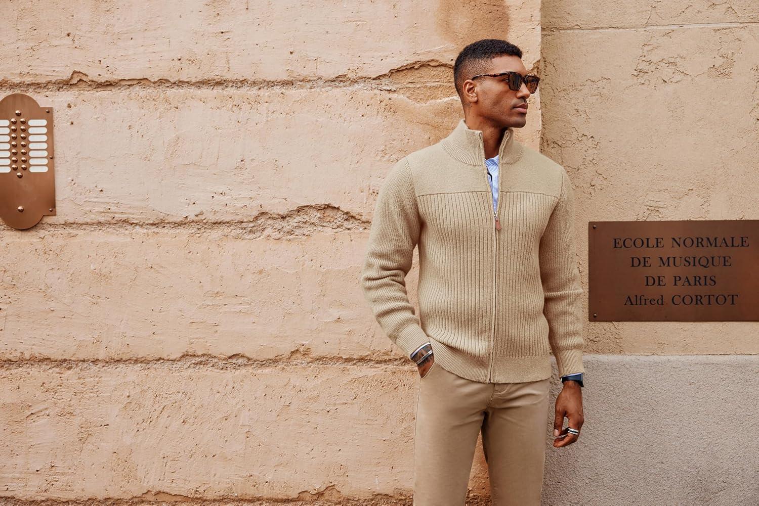 imagePJ PAUL JONES Mens Full Zipper Cardigan Casual Stand Collar Cardigan Sweater Ribbed Knit Long Sleeve SweaterKhaki