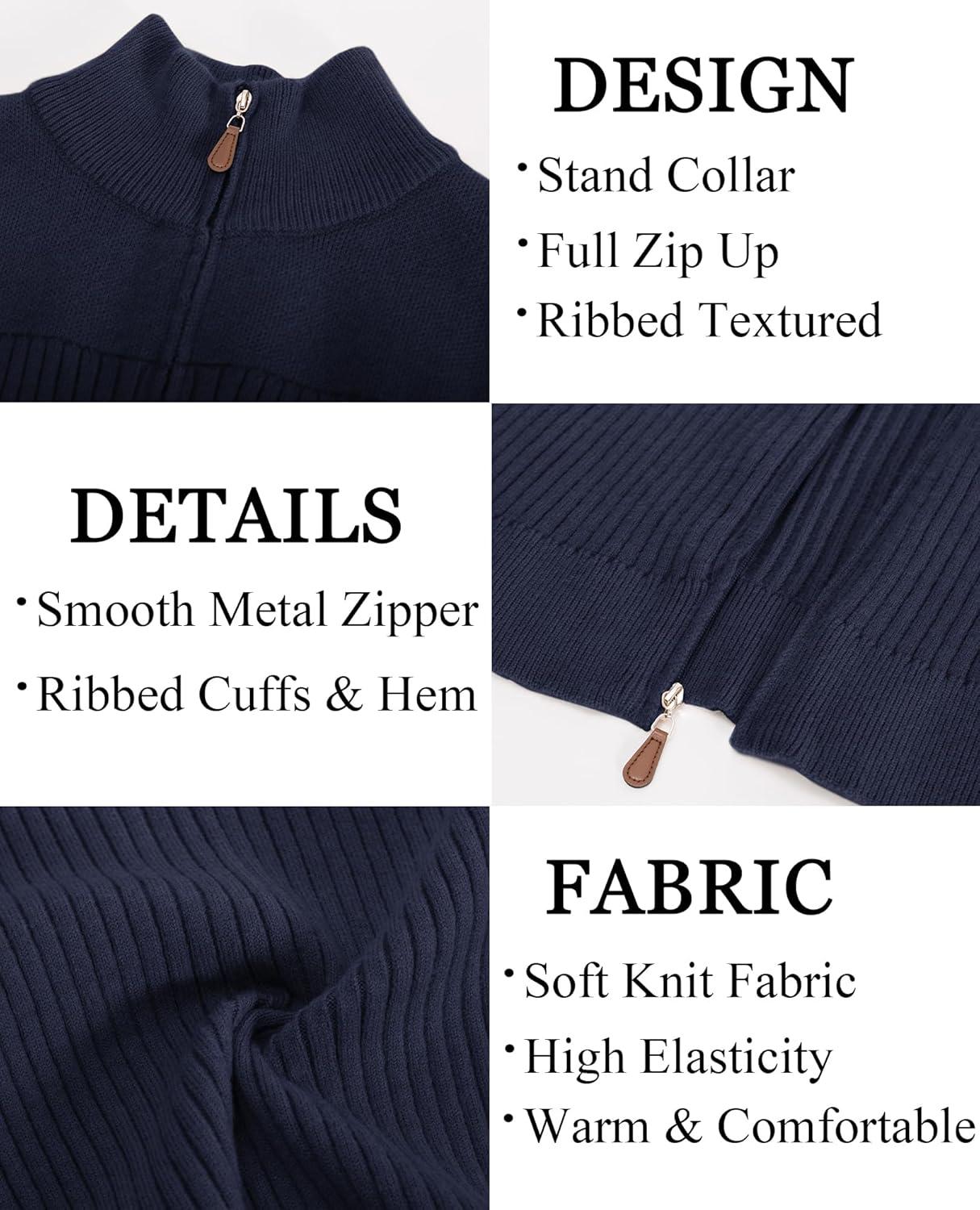 imagePJ PAUL JONES Mens Full Zipper Cardigan Casual Stand Collar Cardigan Sweater Ribbed Knit Long Sleeve SweaterNavy Blue