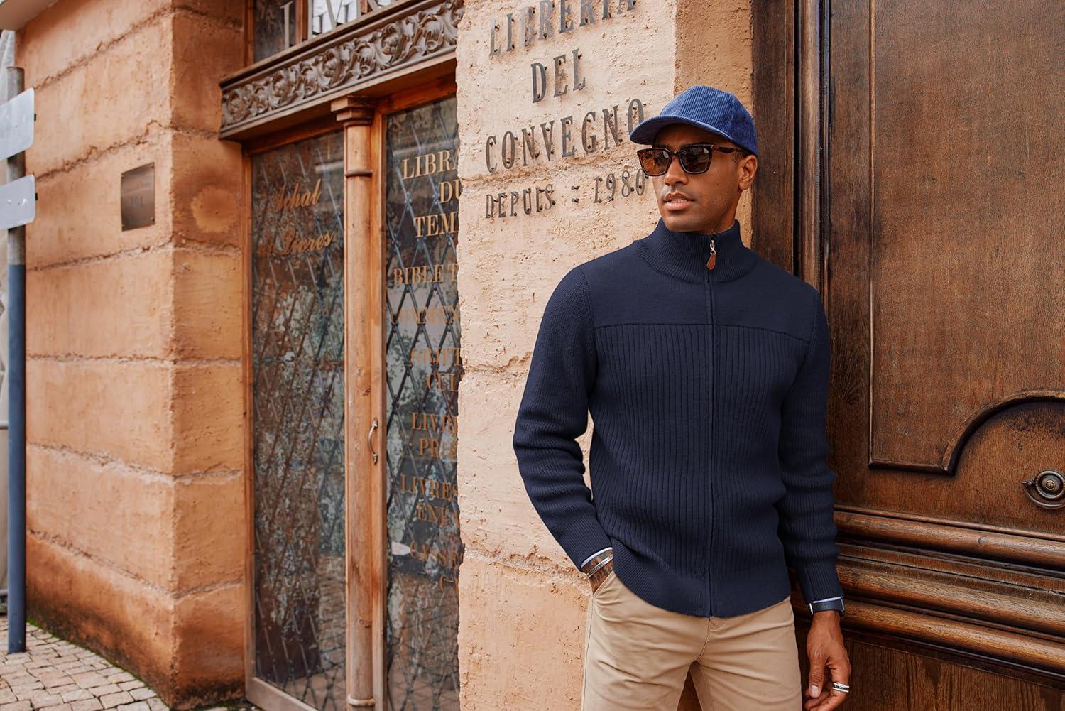 imagePJ PAUL JONES Mens Full Zipper Cardigan Casual Stand Collar Cardigan Sweater Ribbed Knit Long Sleeve SweaterNavy Blue