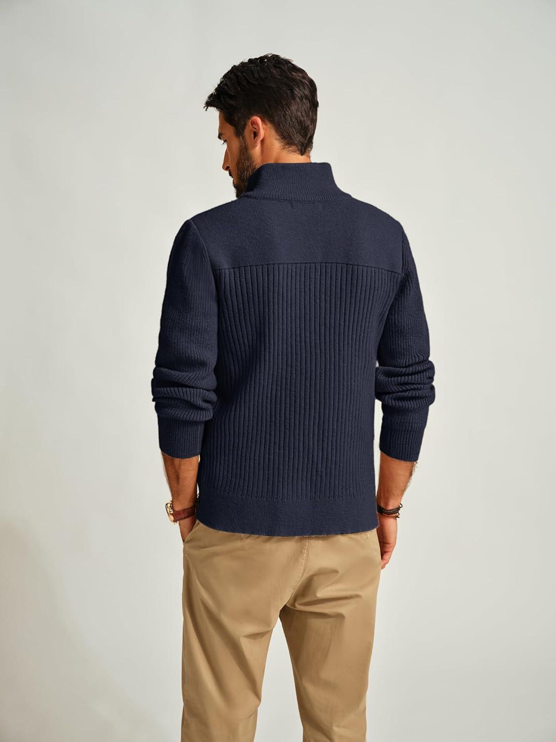 imagePJ PAUL JONES Mens Full Zipper Cardigan Casual Stand Collar Cardigan Sweater Ribbed Knit Long Sleeve SweaterNavy Blue