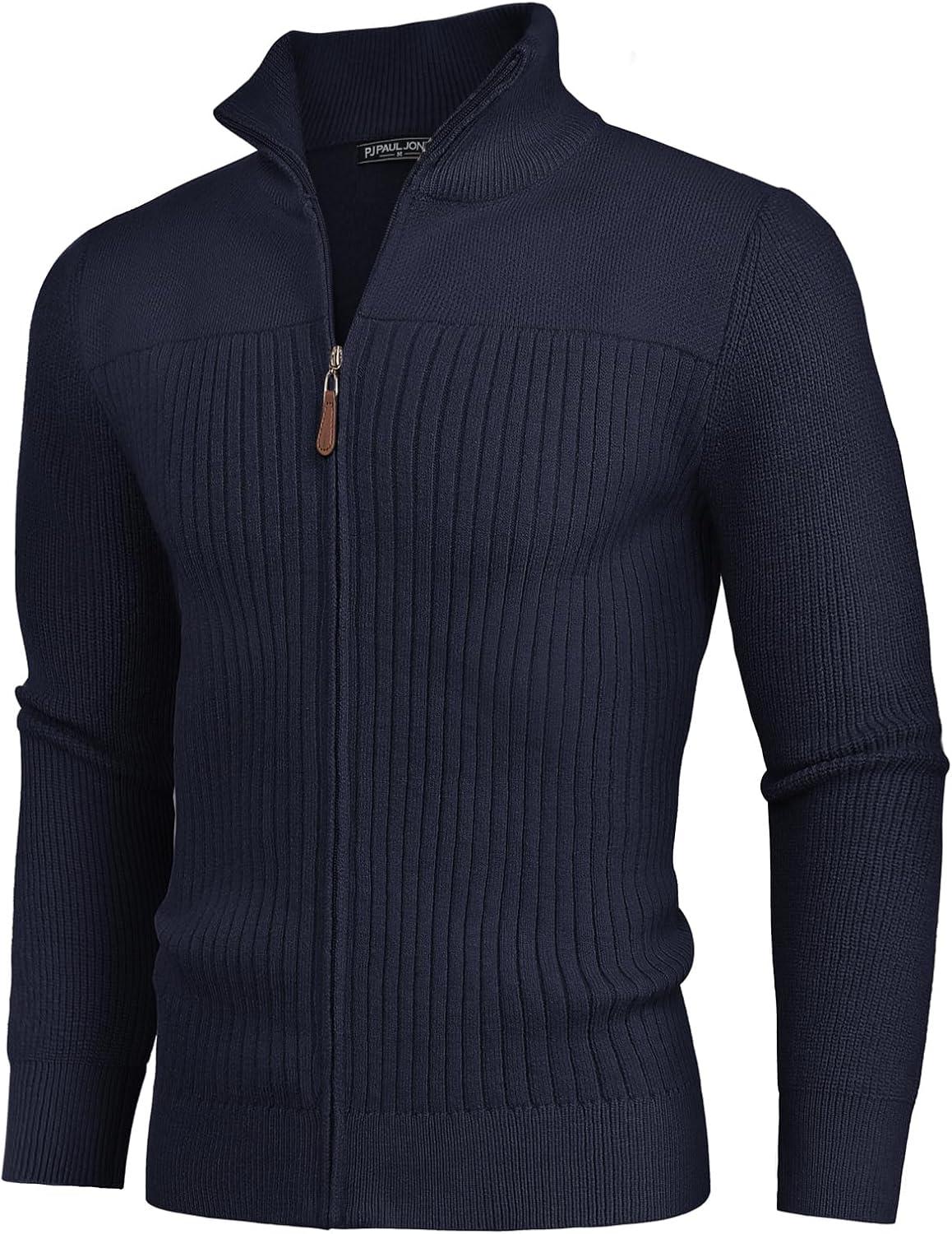 imagePJ PAUL JONES Mens Full Zipper Cardigan Casual Stand Collar Cardigan Sweater Ribbed Knit Long Sleeve SweaterNavy Blue