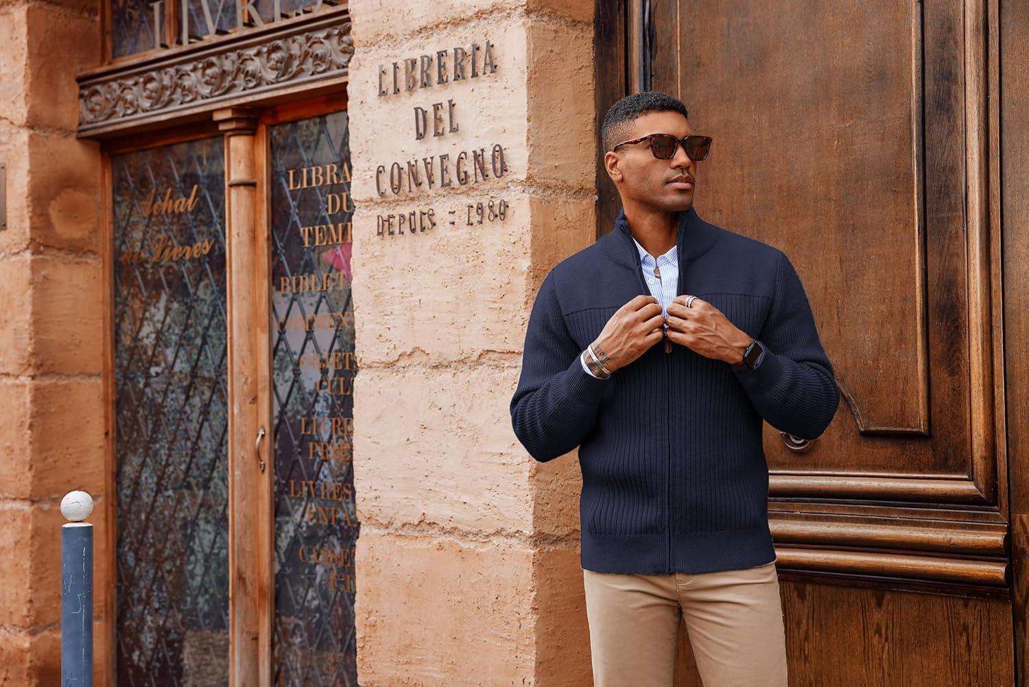 imagePJ PAUL JONES Mens Full Zipper Cardigan Casual Stand Collar Cardigan Sweater Ribbed Knit Long Sleeve SweaterNavy Blue