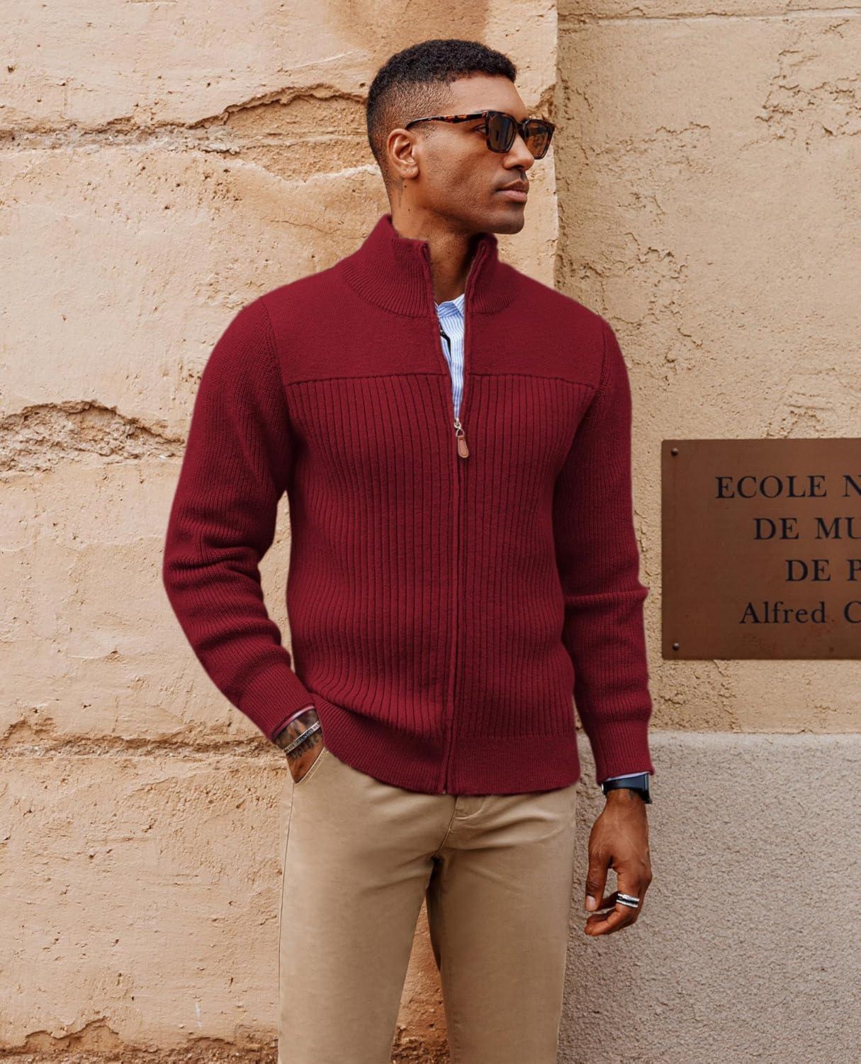 imagePJ PAUL JONES Mens Full Zipper Cardigan Casual Stand Collar Cardigan Sweater Ribbed Knit Long Sleeve SweaterRed