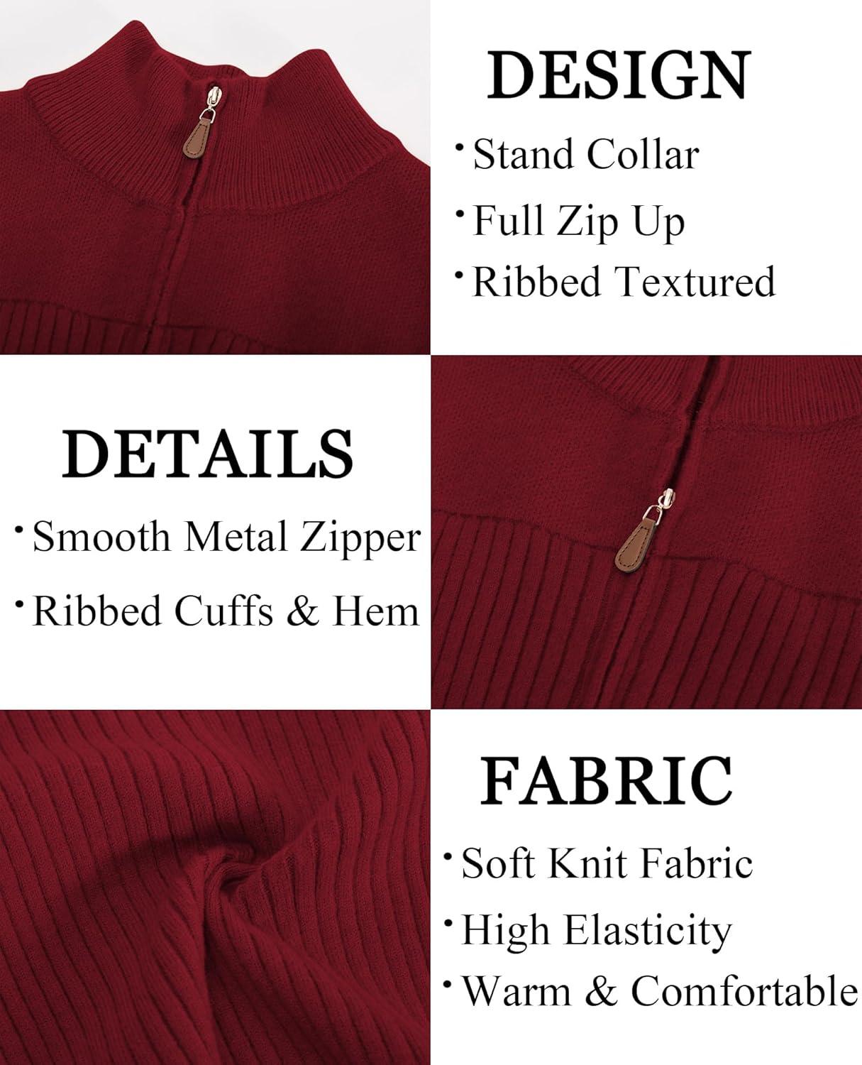 imagePJ PAUL JONES Mens Full Zipper Cardigan Casual Stand Collar Cardigan Sweater Ribbed Knit Long Sleeve SweaterRed