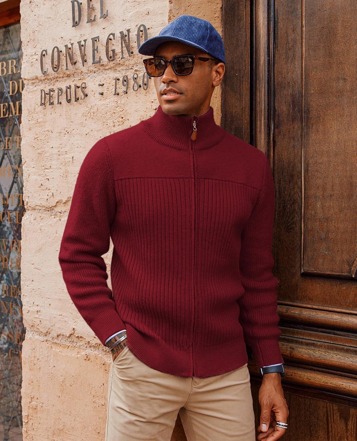 imagePJ PAUL JONES Mens Full Zipper Cardigan Casual Stand Collar Cardigan Sweater Ribbed Knit Long Sleeve SweaterRed