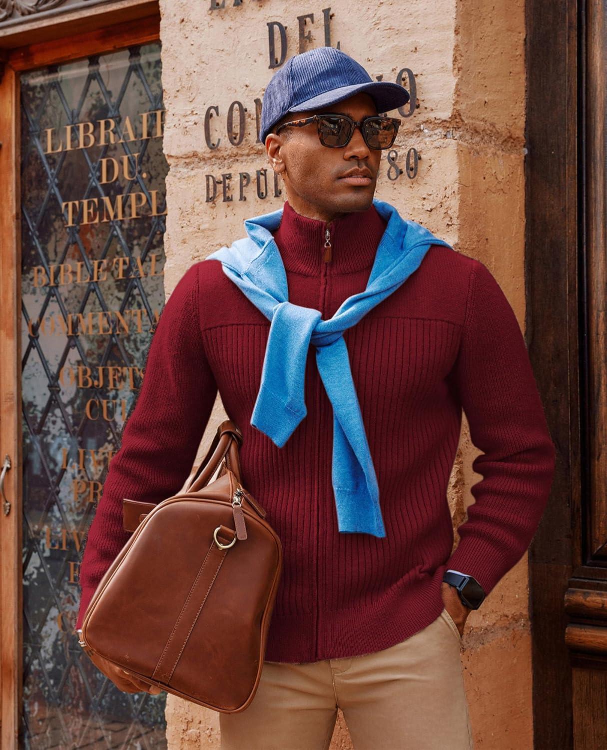 imagePJ PAUL JONES Mens Full Zipper Cardigan Casual Stand Collar Cardigan Sweater Ribbed Knit Long Sleeve SweaterRed