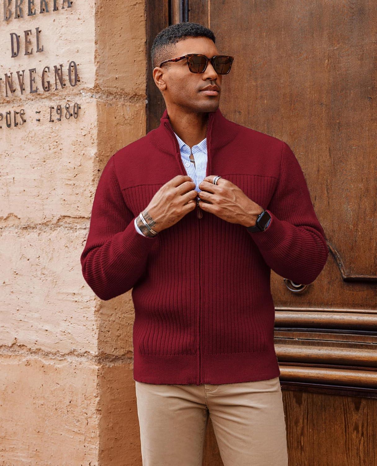 imagePJ PAUL JONES Mens Full Zipper Cardigan Casual Stand Collar Cardigan Sweater Ribbed Knit Long Sleeve SweaterRed