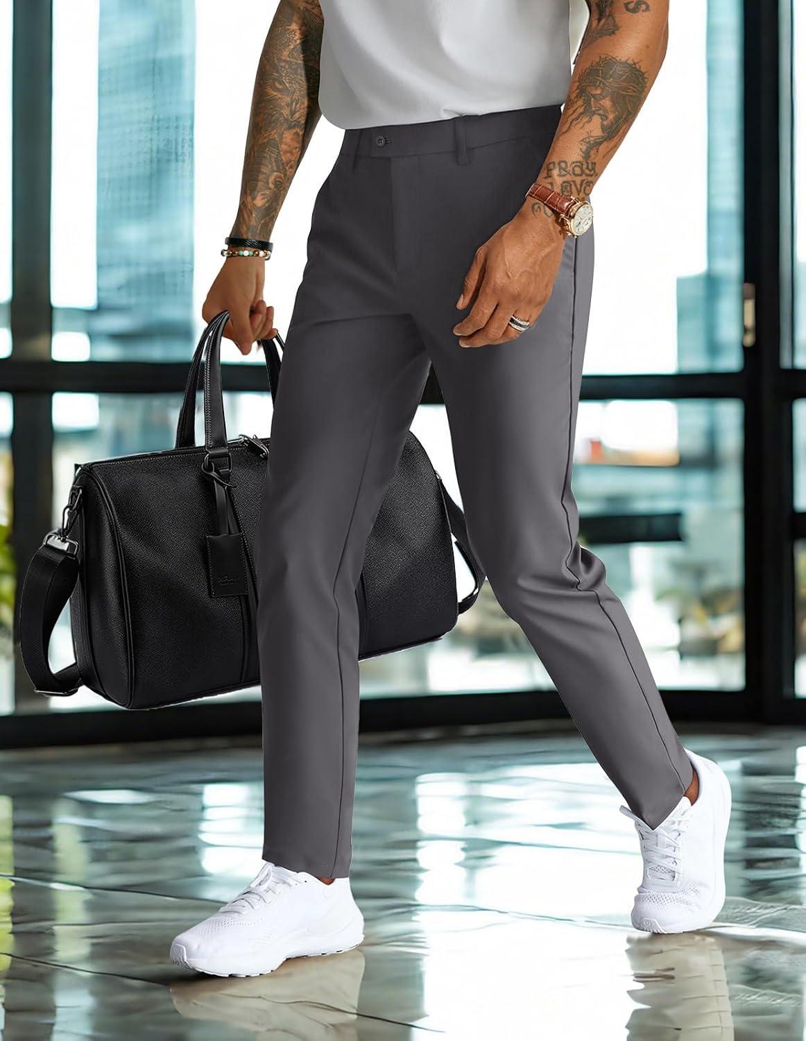 imagePJ PAUL JONES Mens Golf Pants 4Way Stretch Lightweight Work Casual Trousers Slim Fit Dress Pants with PocketsDark Greyd