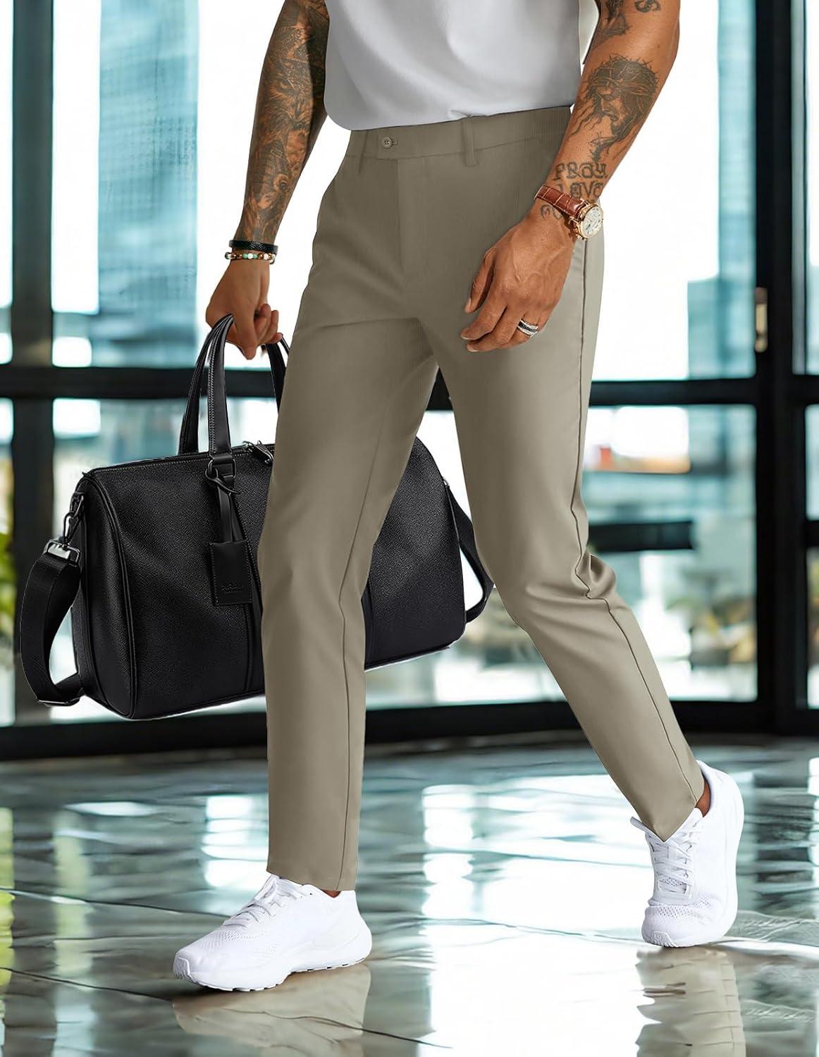 imagePJ PAUL JONES Mens Golf Pants 4Way Stretch Lightweight Work Casual Trousers Slim Fit Dress Pants with PocketsKhakid