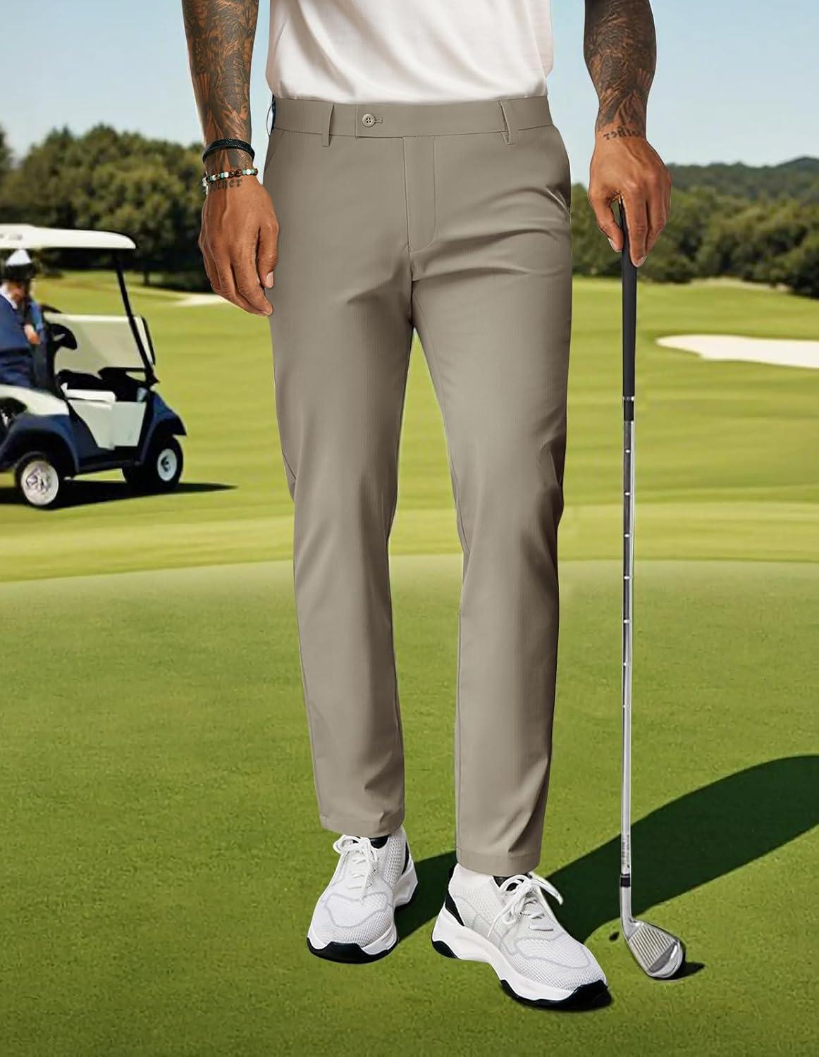 imagePJ PAUL JONES Mens Golf Pants 4Way Stretch Lightweight Work Casual Trousers Slim Fit Dress Pants with PocketsKhakid