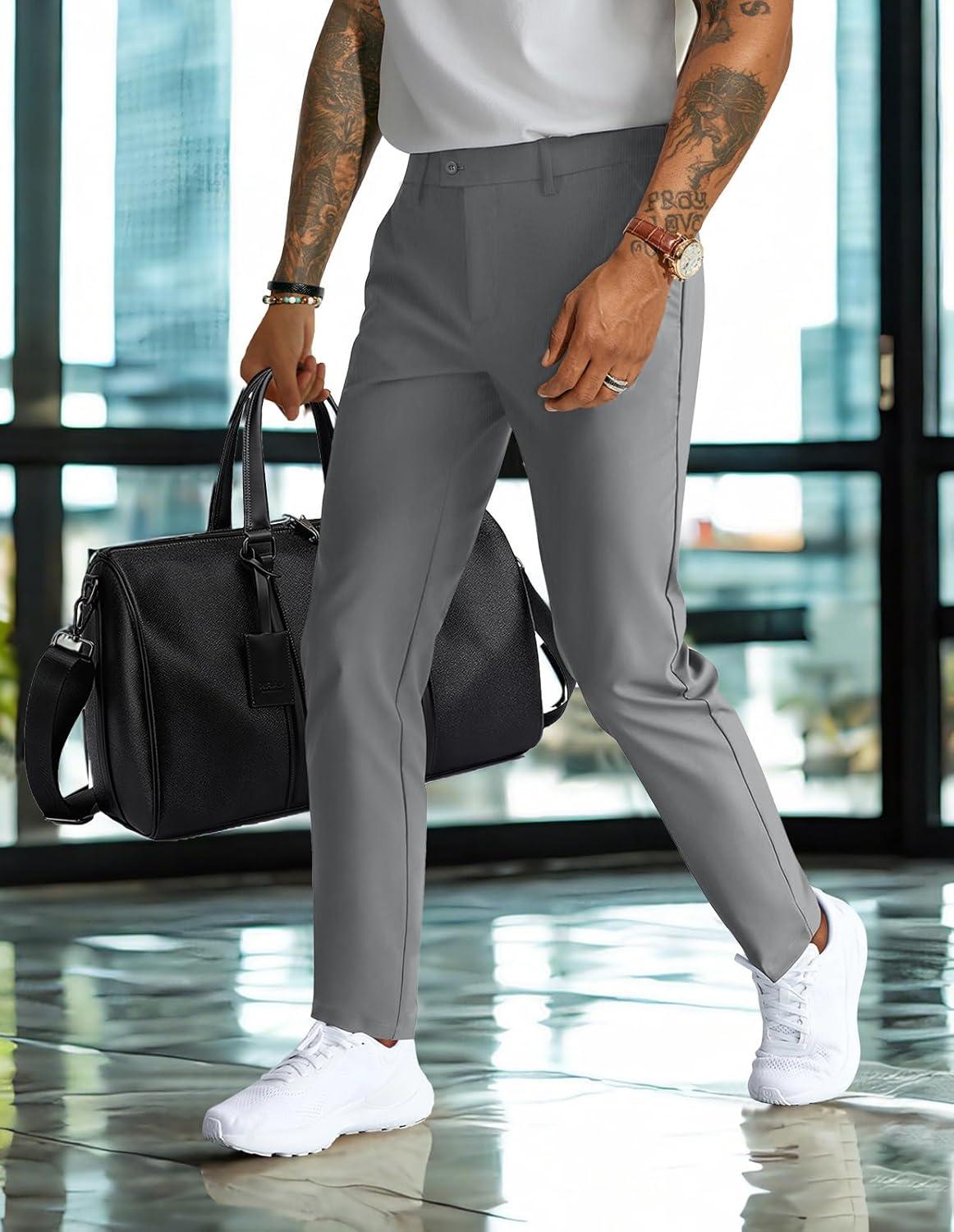 imagePJ PAUL JONES Mens Golf Pants 4Way Stretch Lightweight Work Casual Trousers Slim Fit Dress Pants with PocketsLight Greyd
