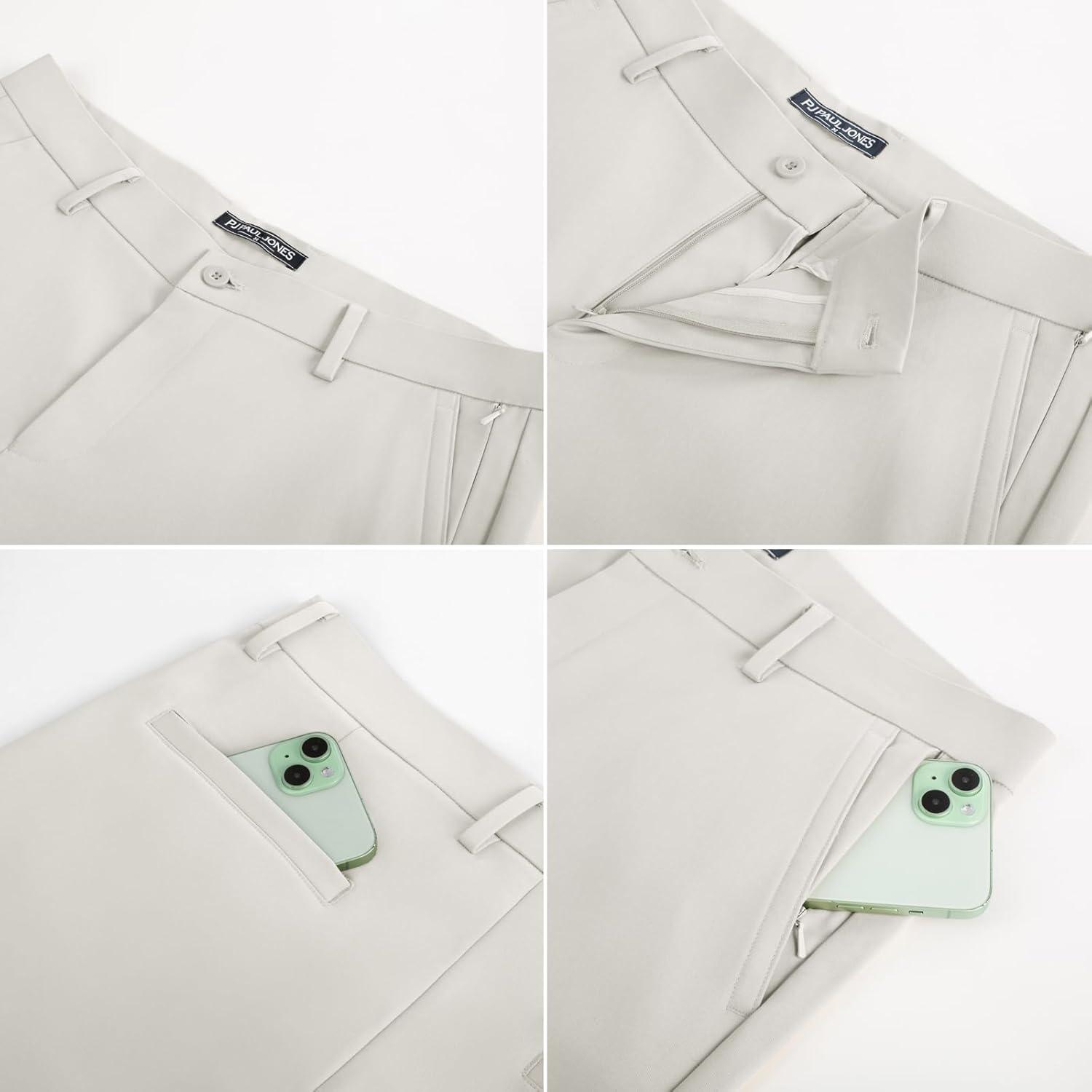 imagePJ PAUL JONES Mens Golf Pants Stretch Work Dress Pant Casual Classic Fit Lightweight Slacks Trousers with 5 PocketsBeige Basic