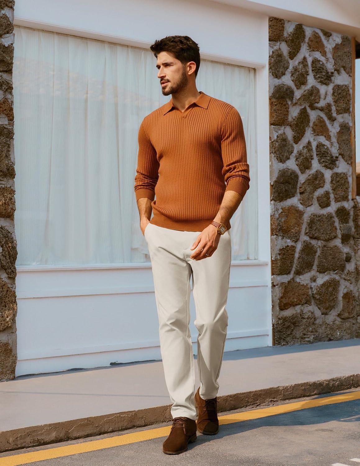 imagePJ PAUL JONES Mens Golf Pants Stretch Work Dress Pant Casual Classic Fit Lightweight Slacks Trousers with 5 PocketsBeige Basic