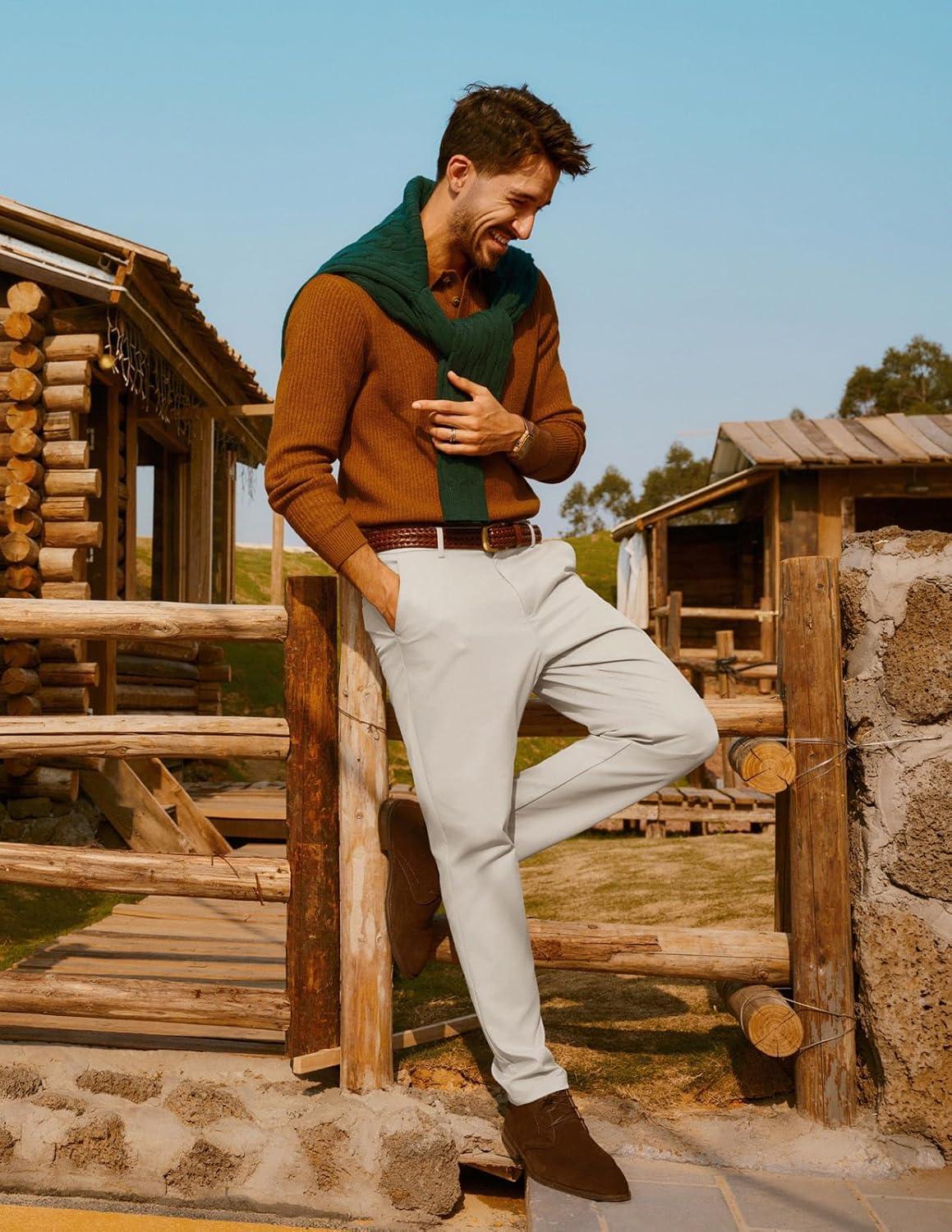 imagePJ PAUL JONES Mens Golf Pants Stretch Work Dress Pant Casual Classic Fit Lightweight Slacks Trousers with 5 PocketsBeige Basic