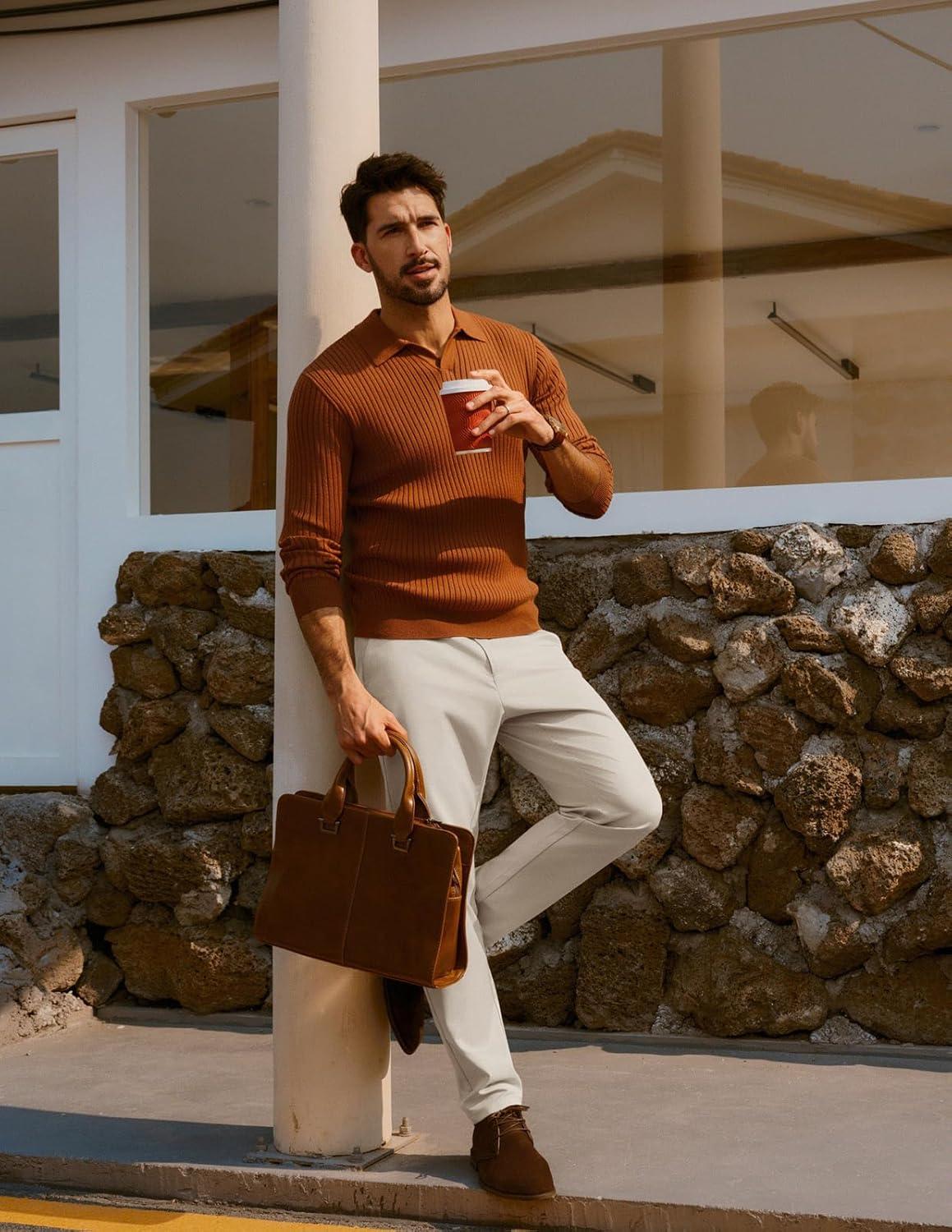 imagePJ PAUL JONES Mens Golf Pants Stretch Work Dress Pant Casual Classic Fit Lightweight Slacks Trousers with 5 PocketsBeige Basic