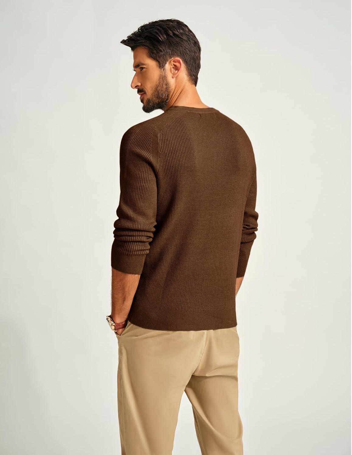 imagePJ PAUL JONES Mens Henley Long Sleeve Sweaters Solid Color Soft Warm Pullover SweatersCoffee