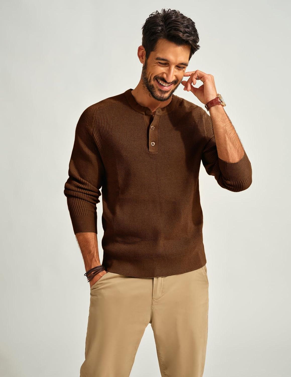 imagePJ PAUL JONES Mens Henley Long Sleeve Sweaters Solid Color Soft Warm Pullover SweatersCoffee