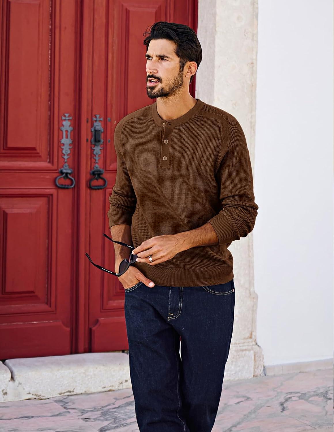 imagePJ PAUL JONES Mens Henley Long Sleeve Sweaters Solid Color Soft Warm Pullover SweatersCoffee