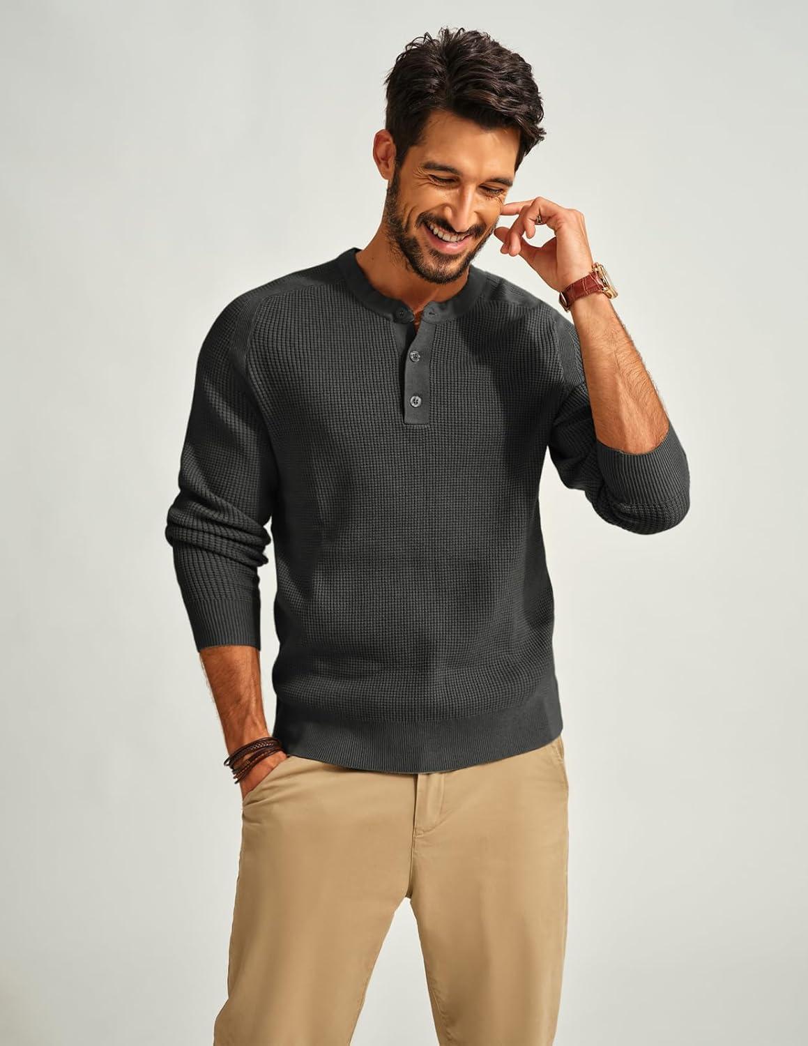 imagePJ PAUL JONES Mens Henley Long Sleeve Sweaters Solid Color Soft Warm Pullover SweatersDark Grey