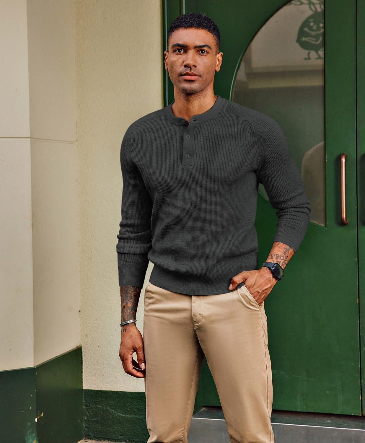 imagePJ PAUL JONES Mens Henley Long Sleeve Sweaters Solid Color Soft Warm Pullover SweatersDark Grey