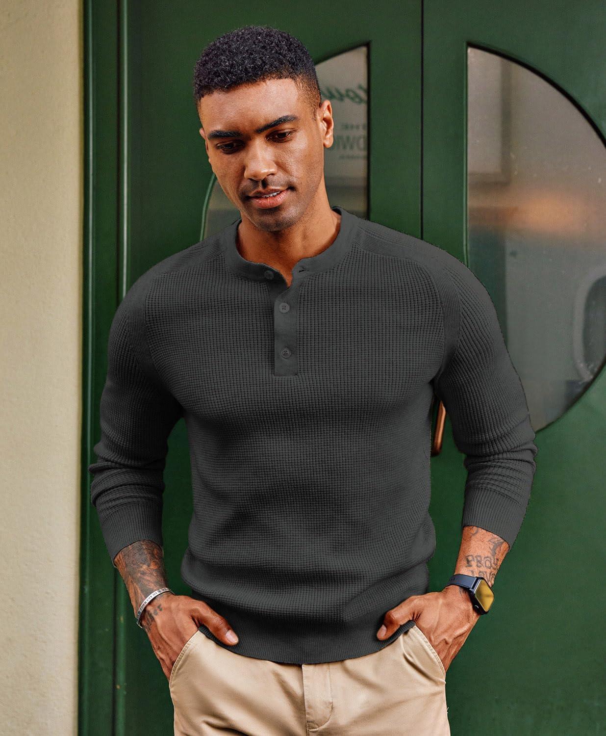 imagePJ PAUL JONES Mens Henley Long Sleeve Sweaters Solid Color Soft Warm Pullover SweatersDark Grey