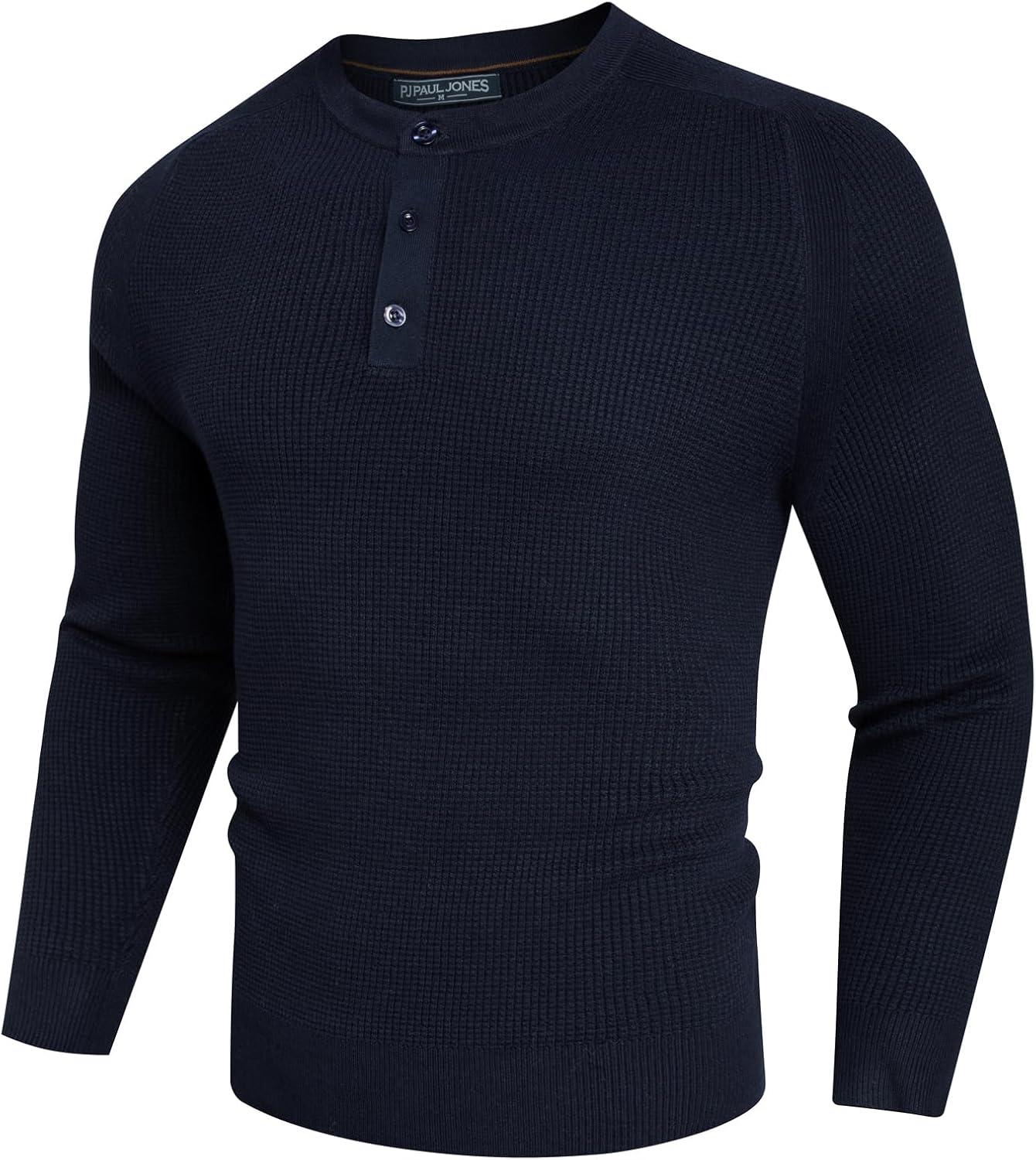 imagePJ PAUL JONES Mens Henley Long Sleeve Sweaters Solid Color Soft Warm Pullover SweatersNavy