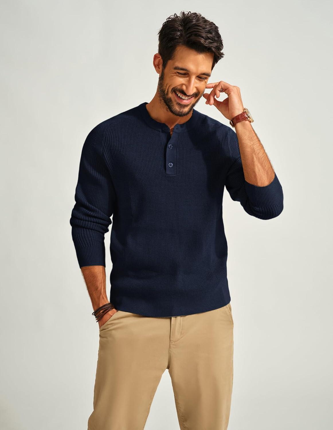 imagePJ PAUL JONES Mens Henley Long Sleeve Sweaters Solid Color Soft Warm Pullover SweatersNavy