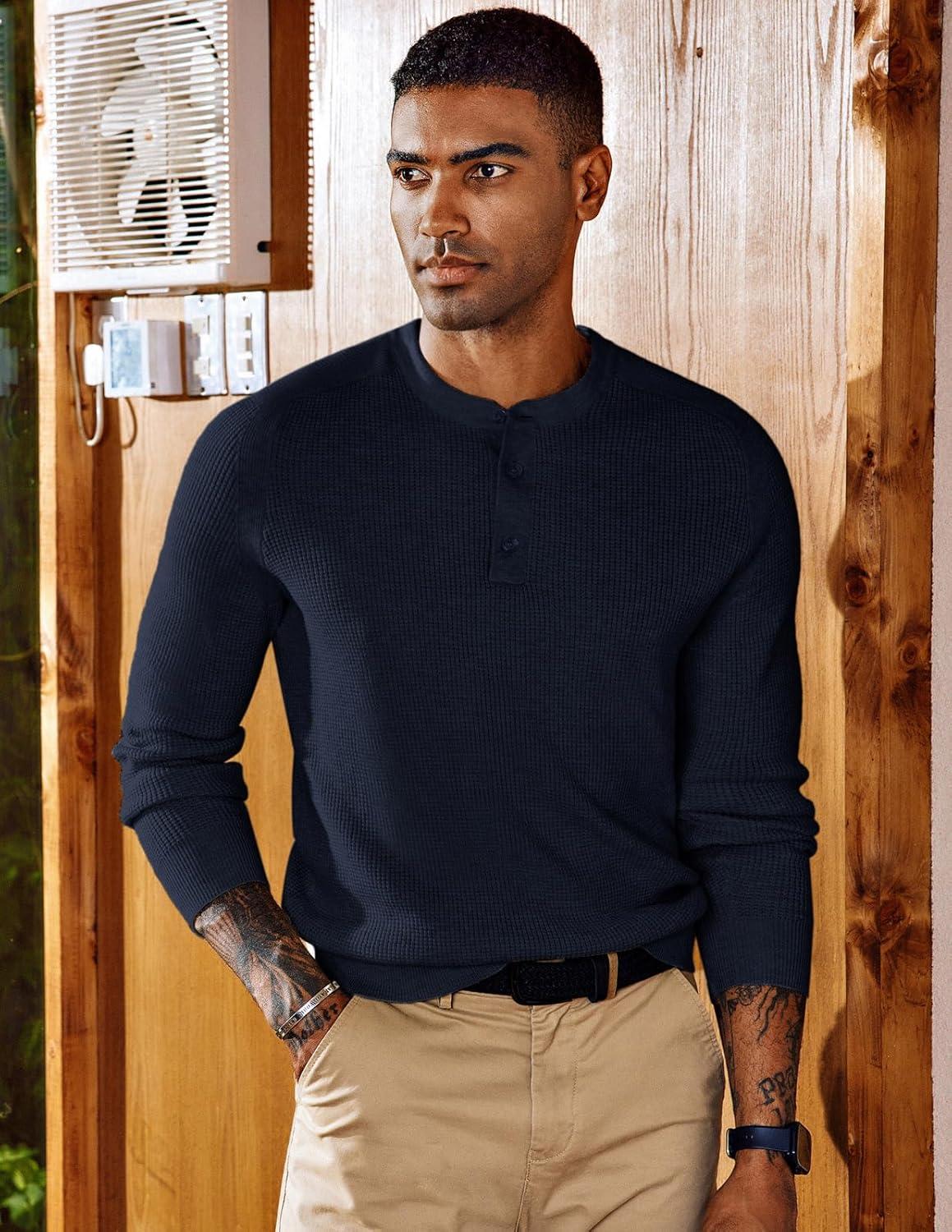 imagePJ PAUL JONES Mens Henley Long Sleeve Sweaters Solid Color Soft Warm Pullover SweatersNavy