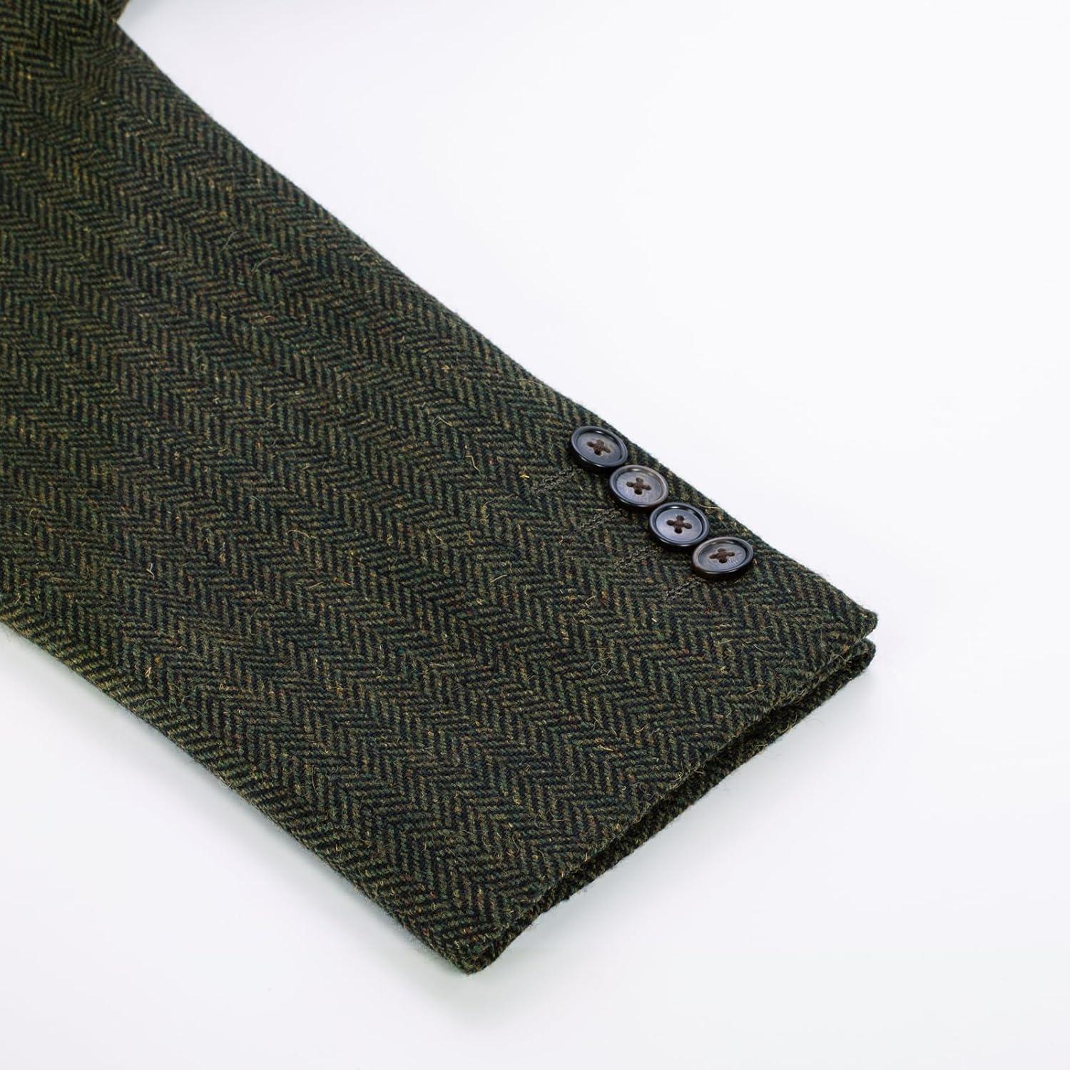 imagePJ PAUL JONES Mens Herringbone Blazer Vintage Tweed Wool Blend Sport Coat JacketArmy Green
