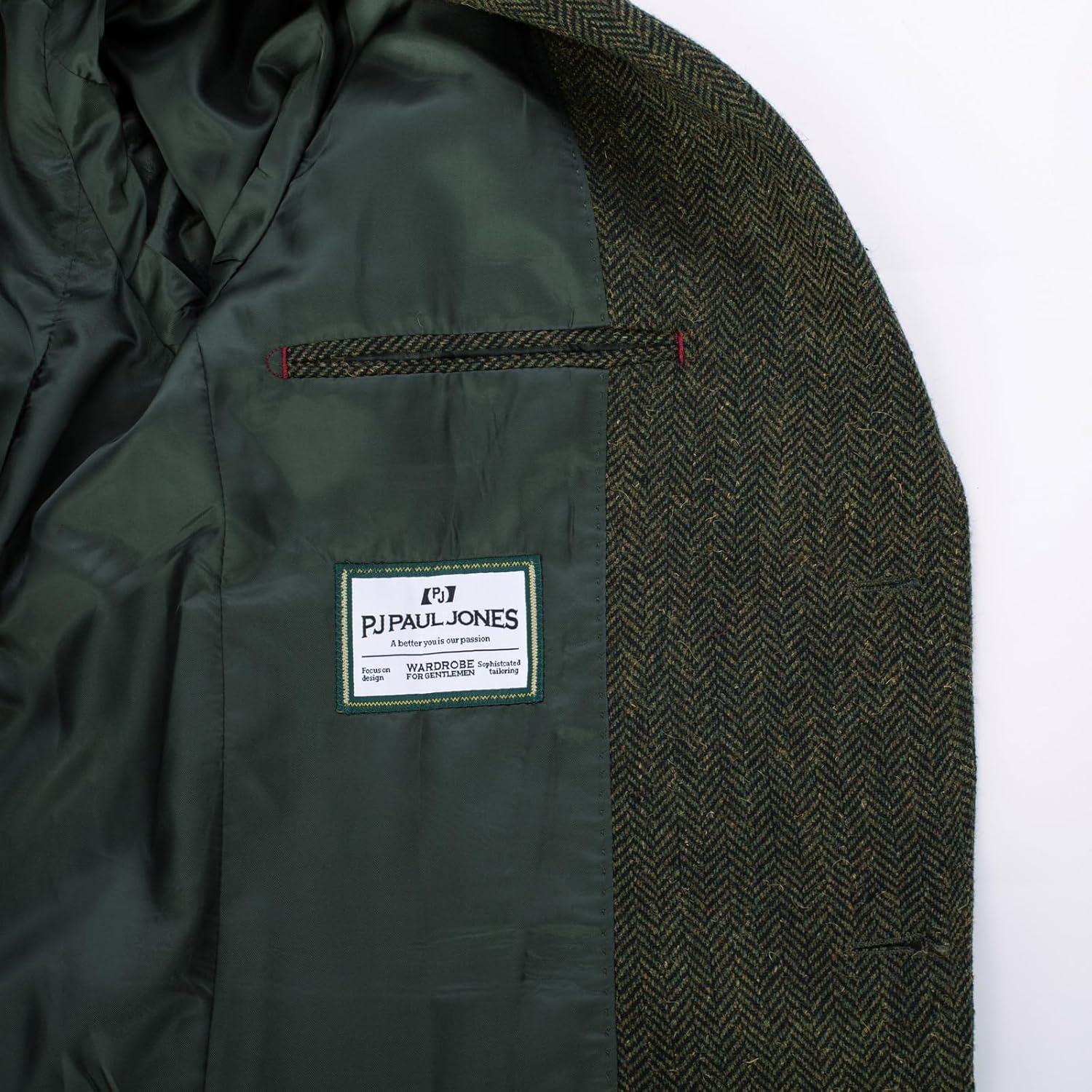 imagePJ PAUL JONES Mens Herringbone Blazer Vintage Tweed Wool Blend Sport Coat JacketArmy Green