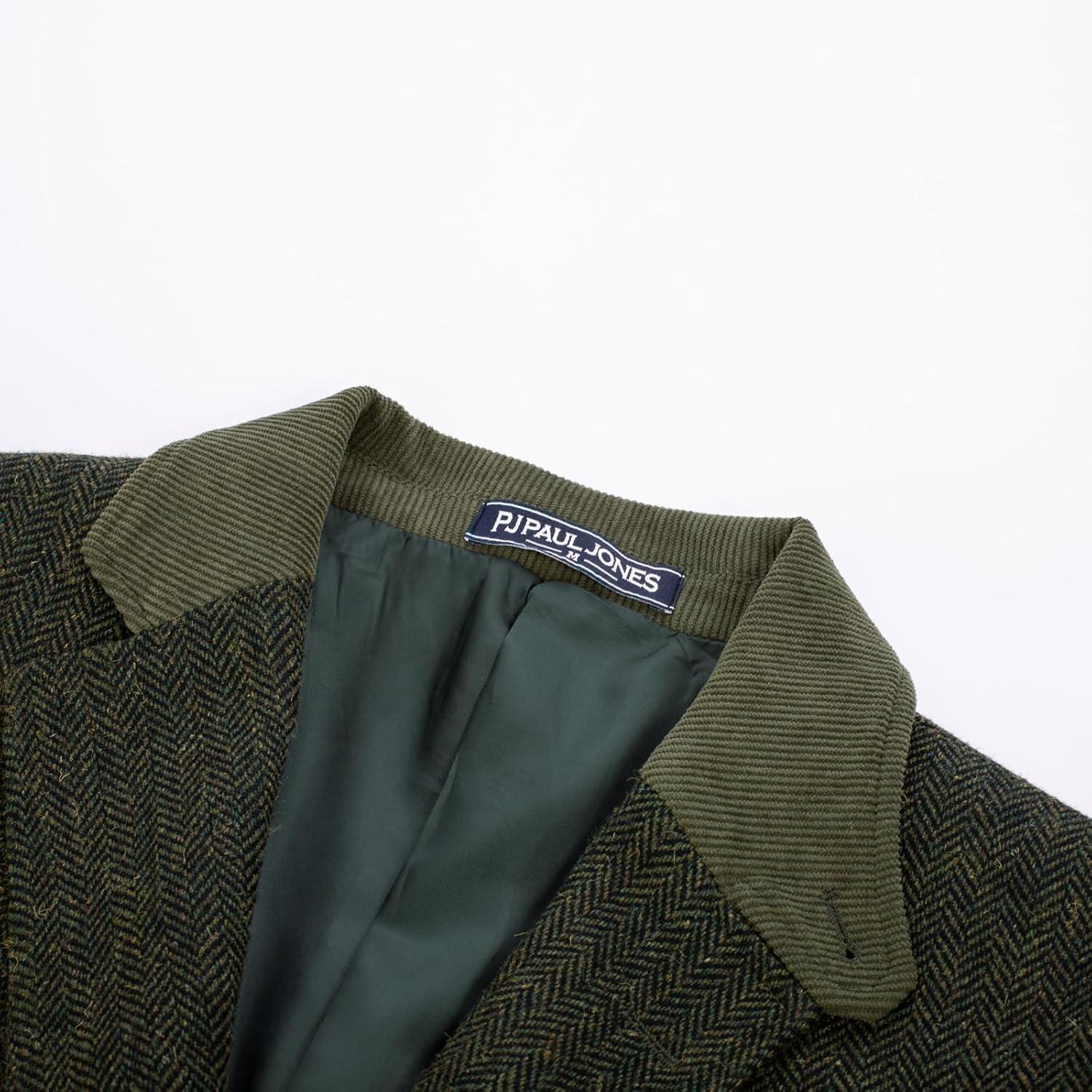 imagePJ PAUL JONES Mens Herringbone Blazer Vintage Tweed Wool Blend Sport Coat JacketArmy Green