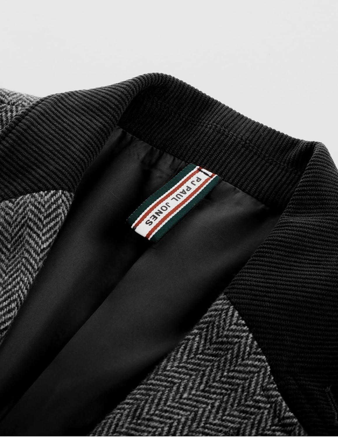 imagePJ PAUL JONES Mens Herringbone Blazer Vintage Tweed Wool Blend Sport Coat JacketBlack